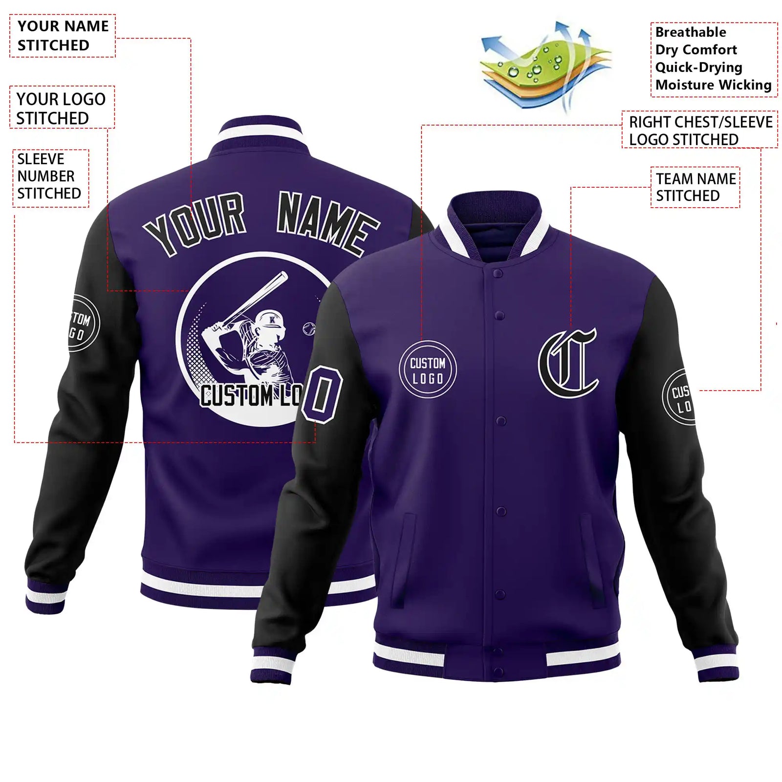 Custom Purple Black Bomber Full-Snap Varsity Letterman Two Tone Jacket