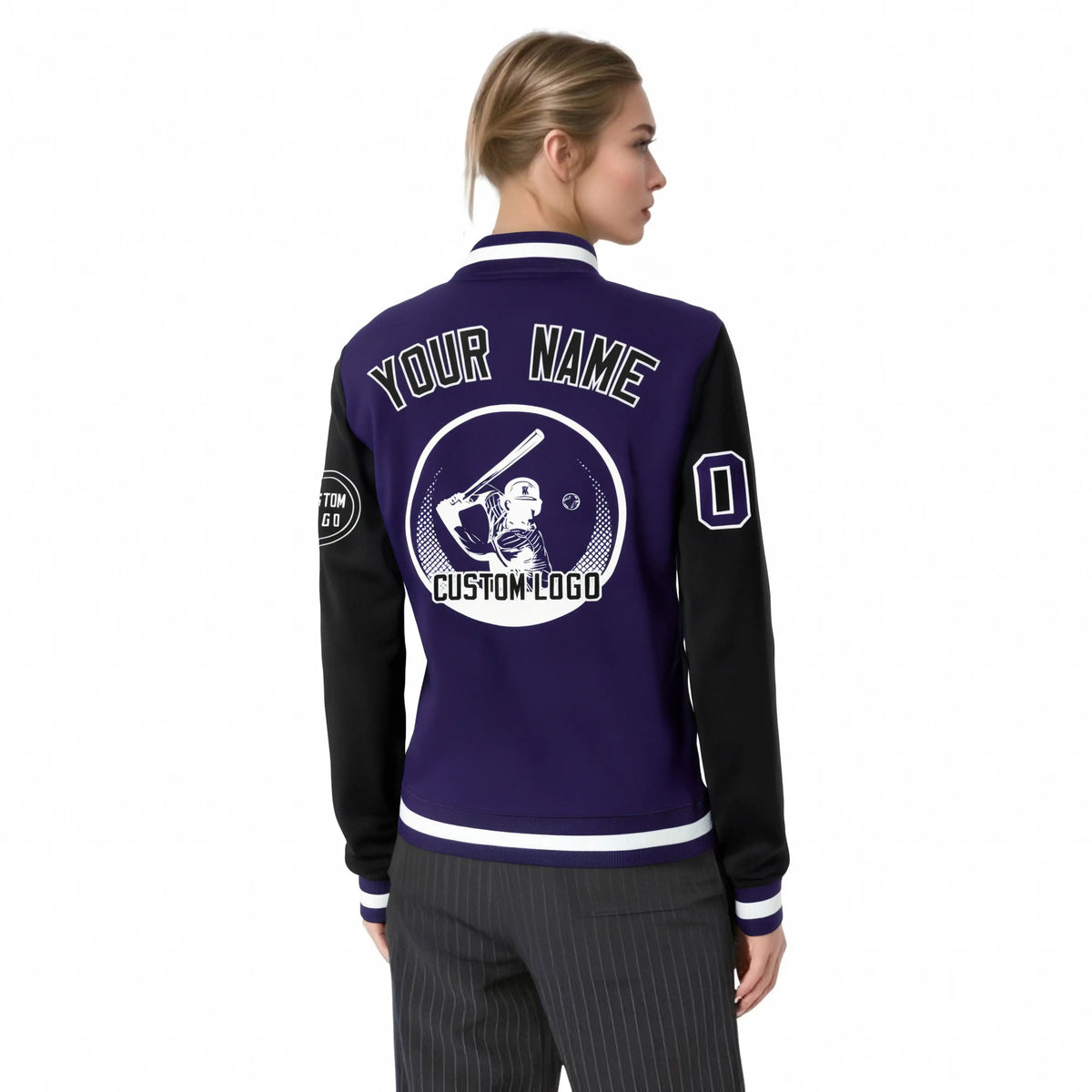 Custom Purple Black Bomber Full-Snap Varsity Letterman Two Tone Jacket
