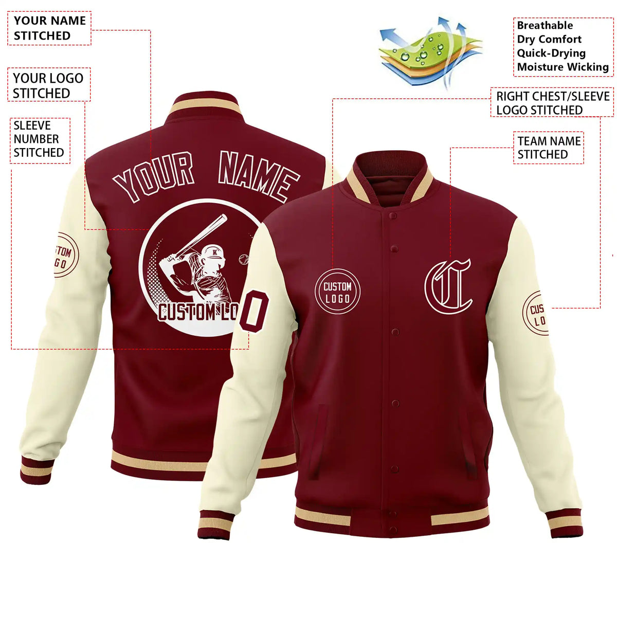 Custom Crimson Khaki Bomber Full-Snap Varsity Letterman Two Tone Jacket