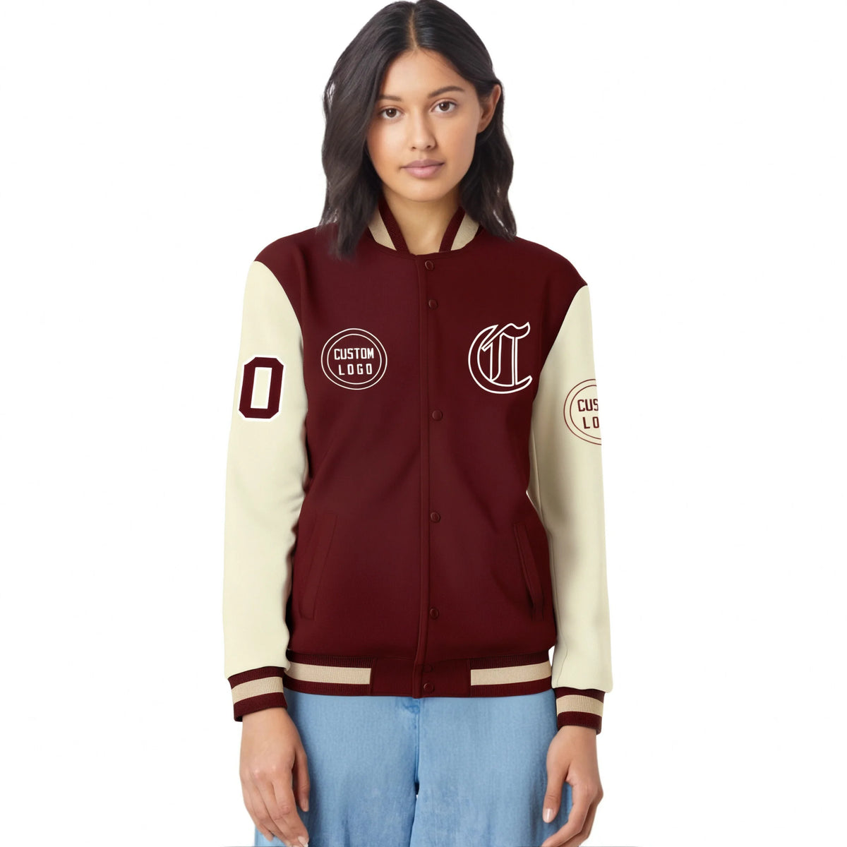 Custom Crimson Khaki Bomber Full-Snap Varsity Letterman Two Tone Jacket