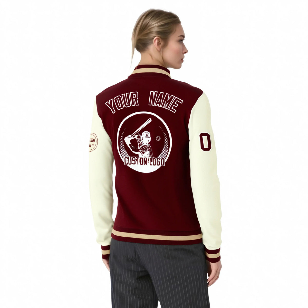 Custom Crimson Khaki Bomber Full-Snap Varsity Letterman Two Tone Jacket