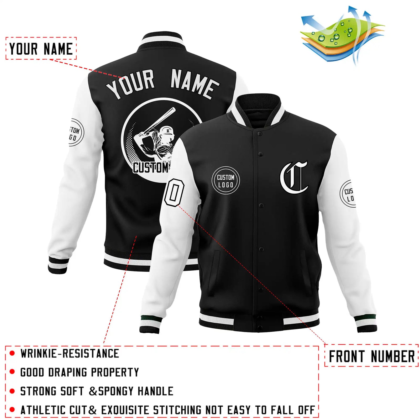 Custom Black White Bomber Full-Snap Varsity Letterman Two Tone Jacket