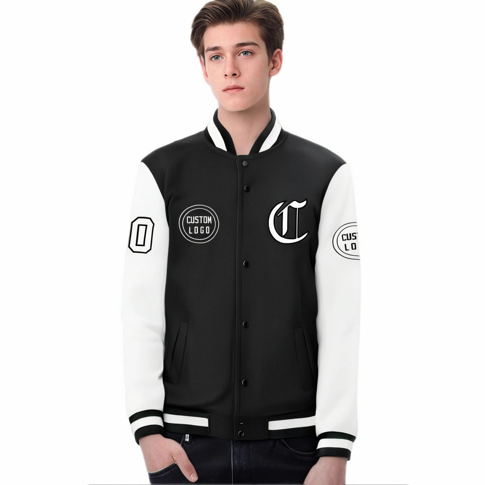 Custom Black White Bomber Full-Snap Varsity Letterman Two Tone Jacket