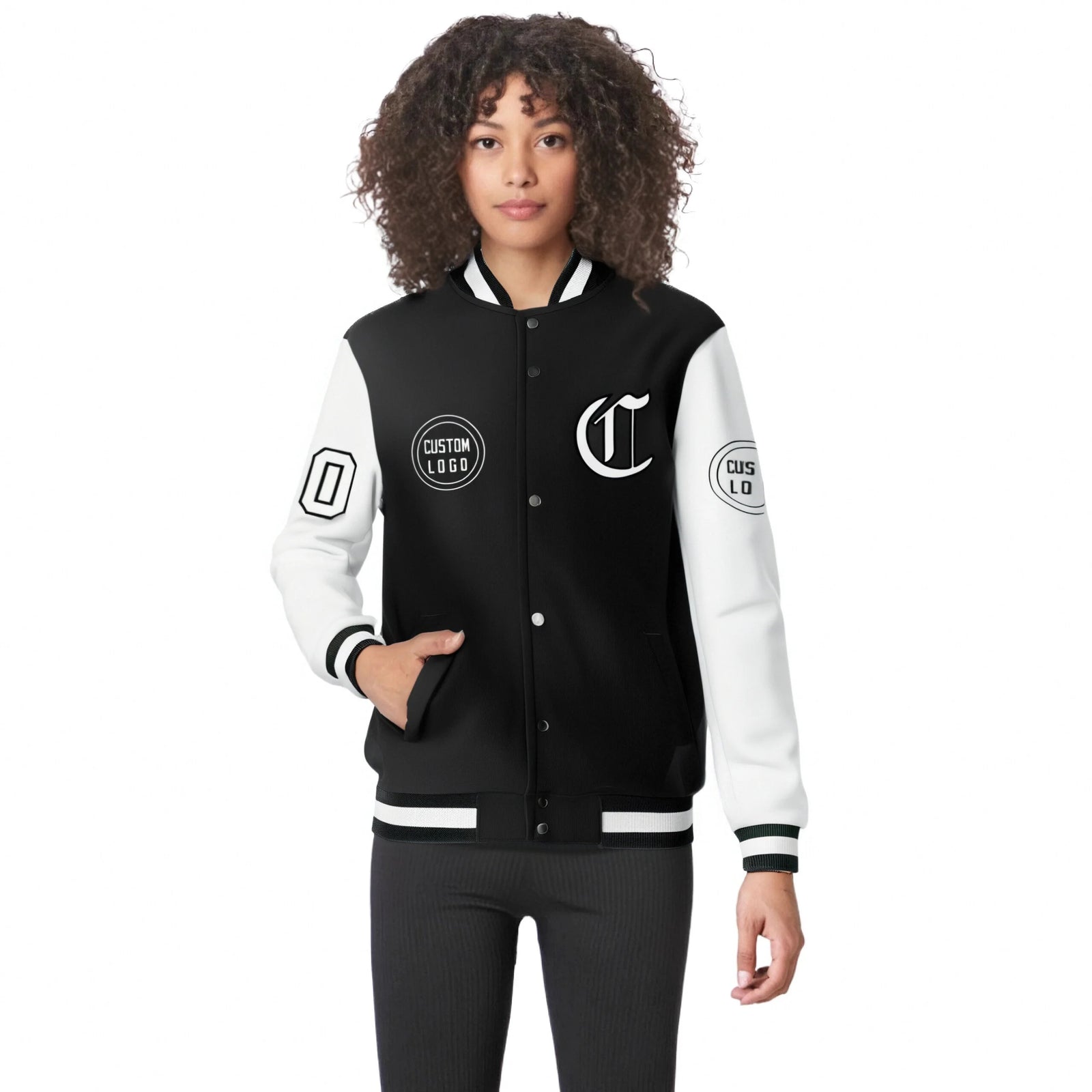Custom Black White Bomber Full-Snap Varsity Letterman Two Tone Jacket