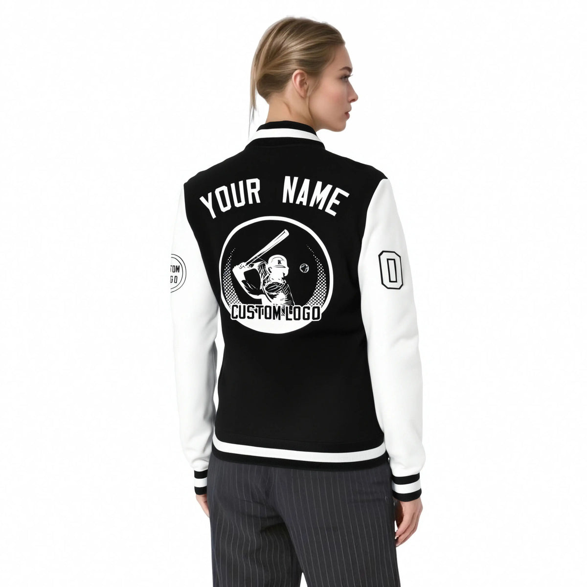 Custom Black White Bomber Full-Snap Varsity Letterman Two Tone Jacket