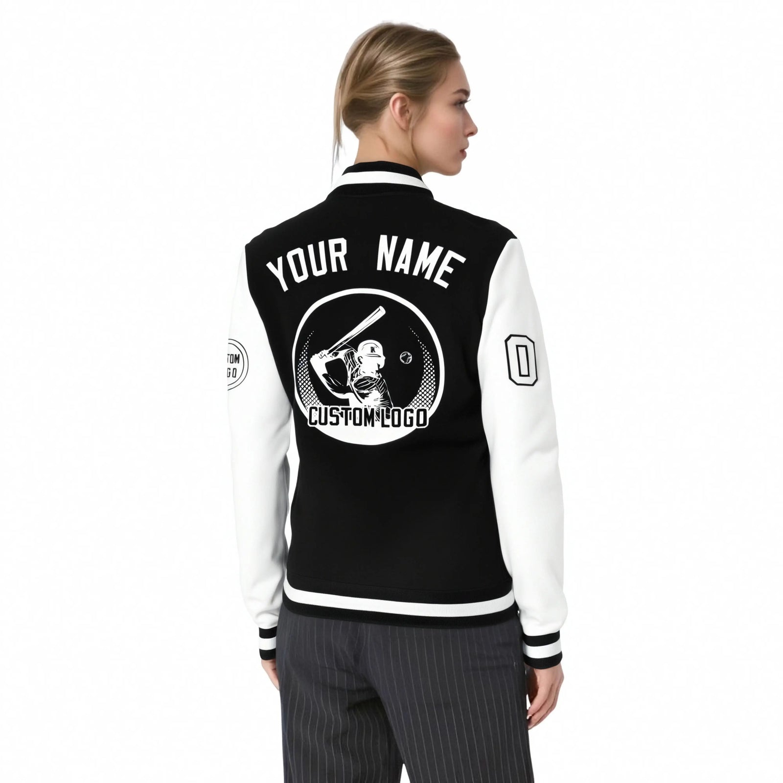 Custom Black White Bomber Full-Snap Varsity Letterman Two Tone Jacket