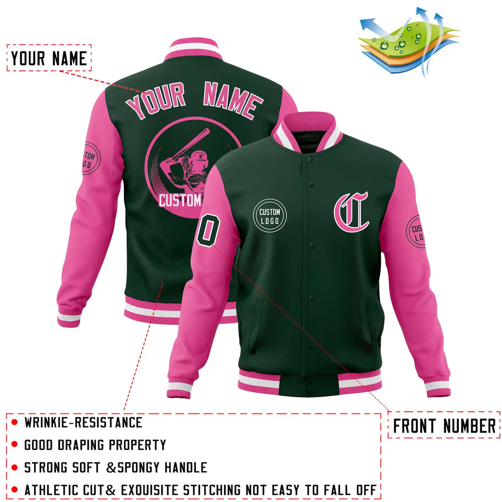 Custom Green Pink Bomber Full-Snap Varsity Letterman Two Tone Jacket