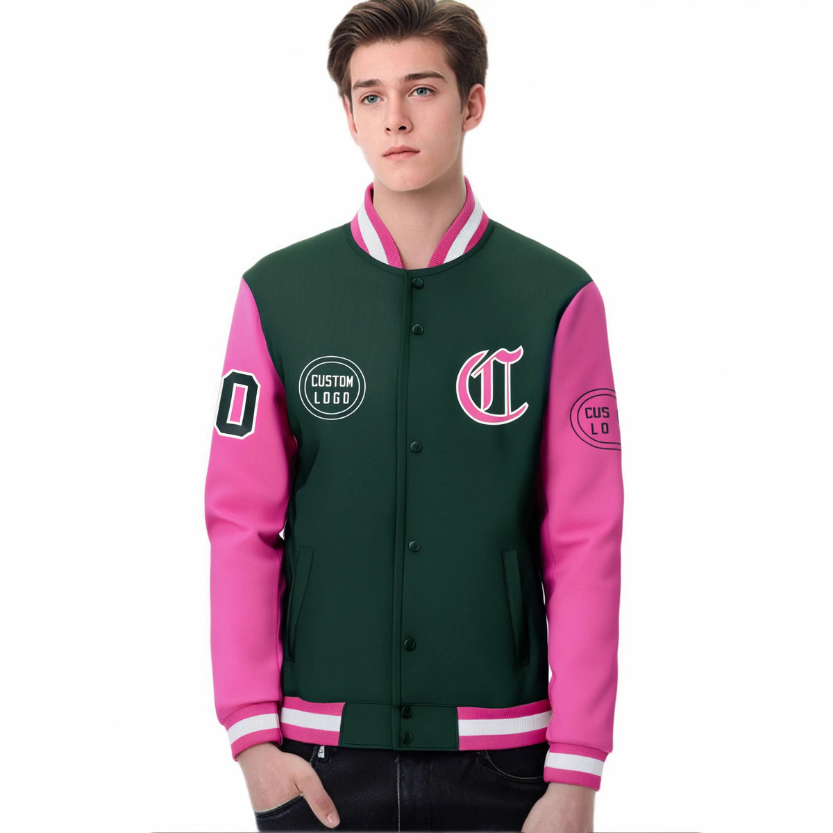 Custom Green Pink Bomber Full-Snap Varsity Letterman Two Tone Jacket