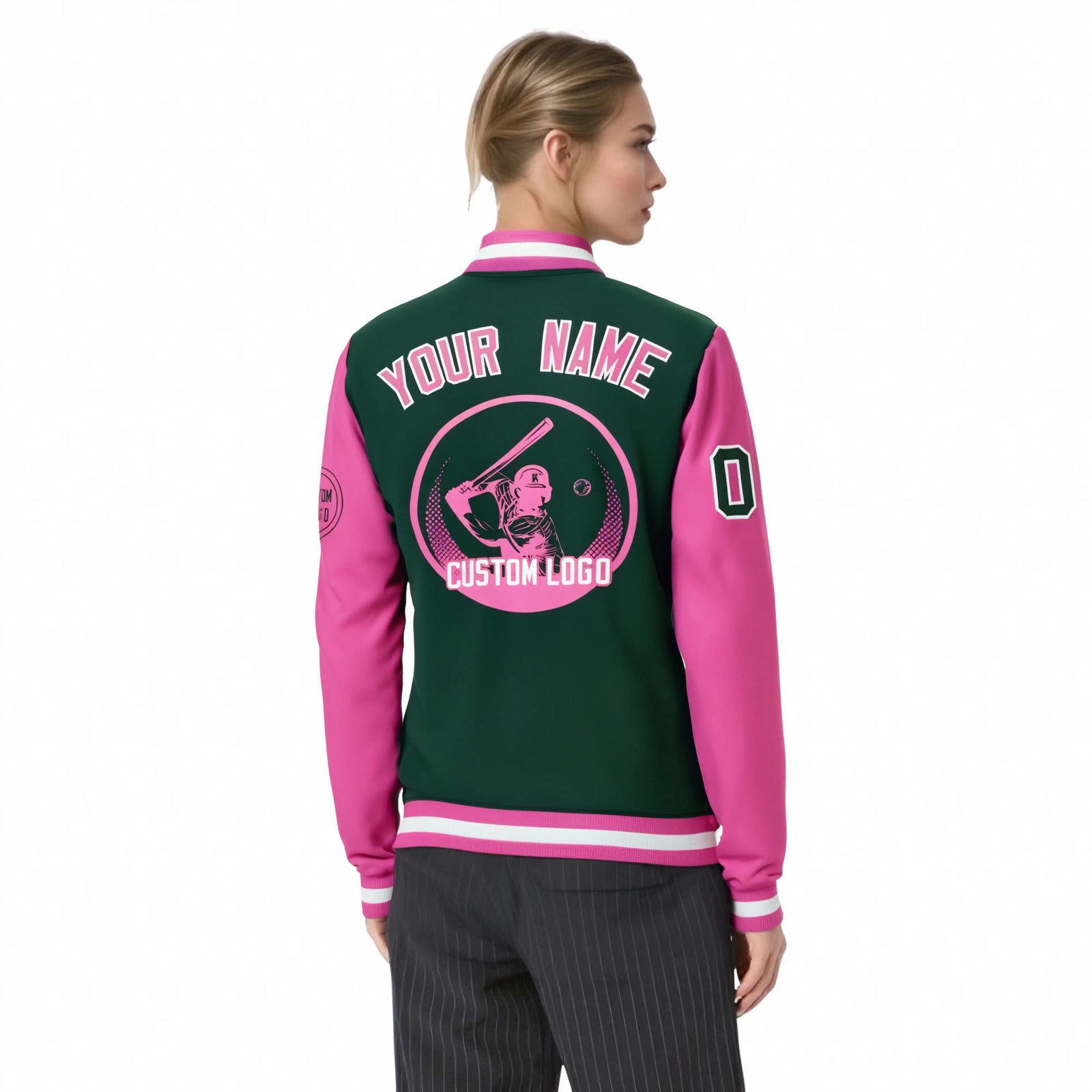 Custom Green Pink Bomber Full-Snap Varsity Letterman Two Tone Jacket