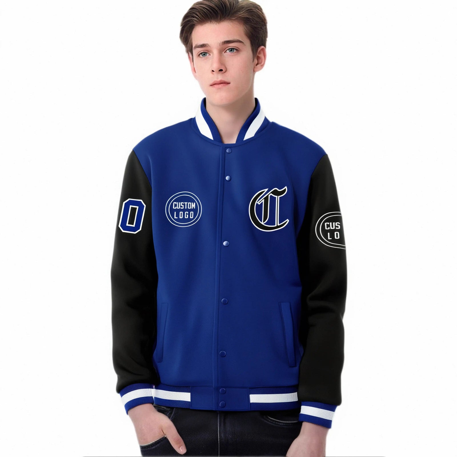 Custom Royal Blue White Bomber Full-Snap Varsity Letterman Two Tone Jacket