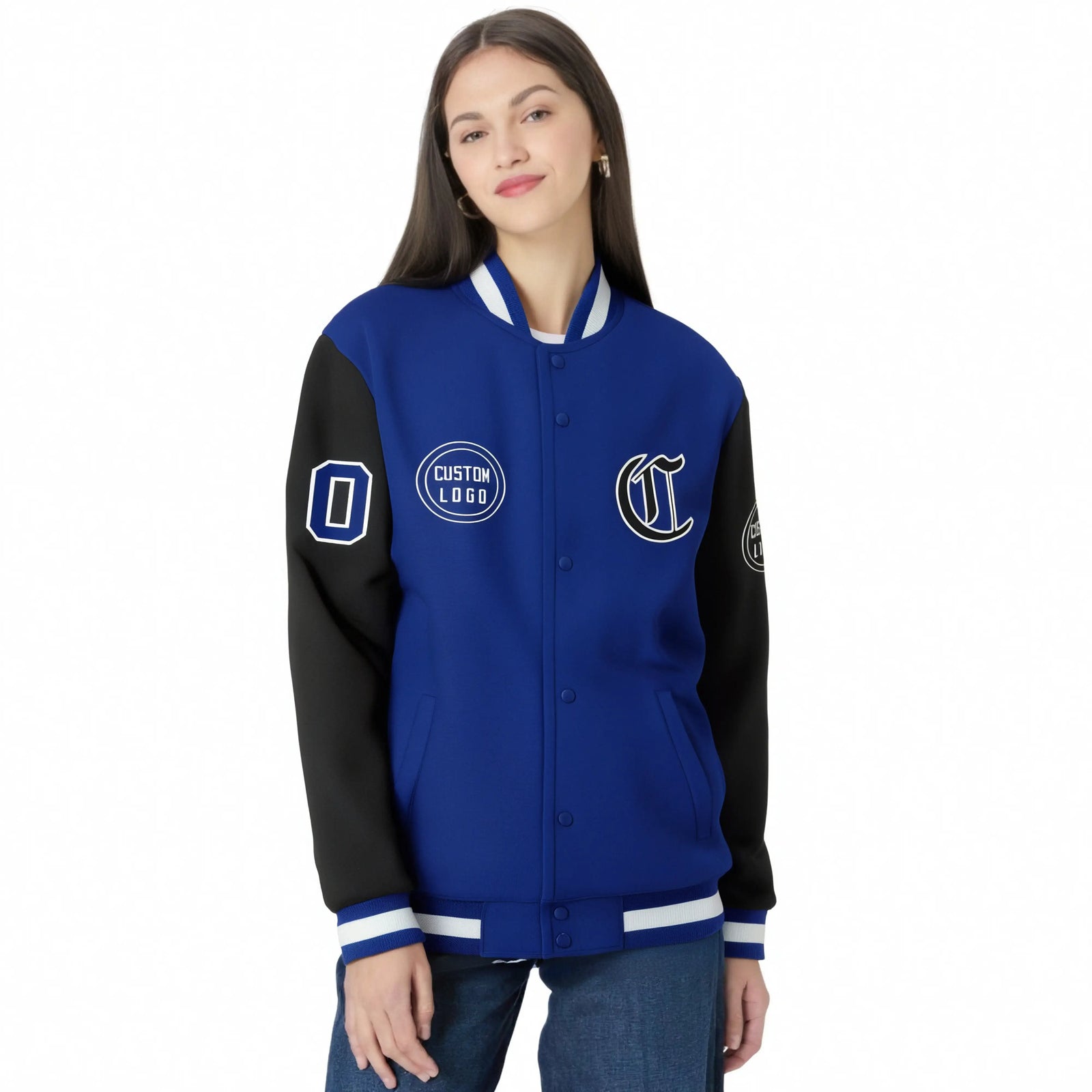 Custom Royal Blue White Bomber Full-Snap Varsity Letterman Two Tone Jacket