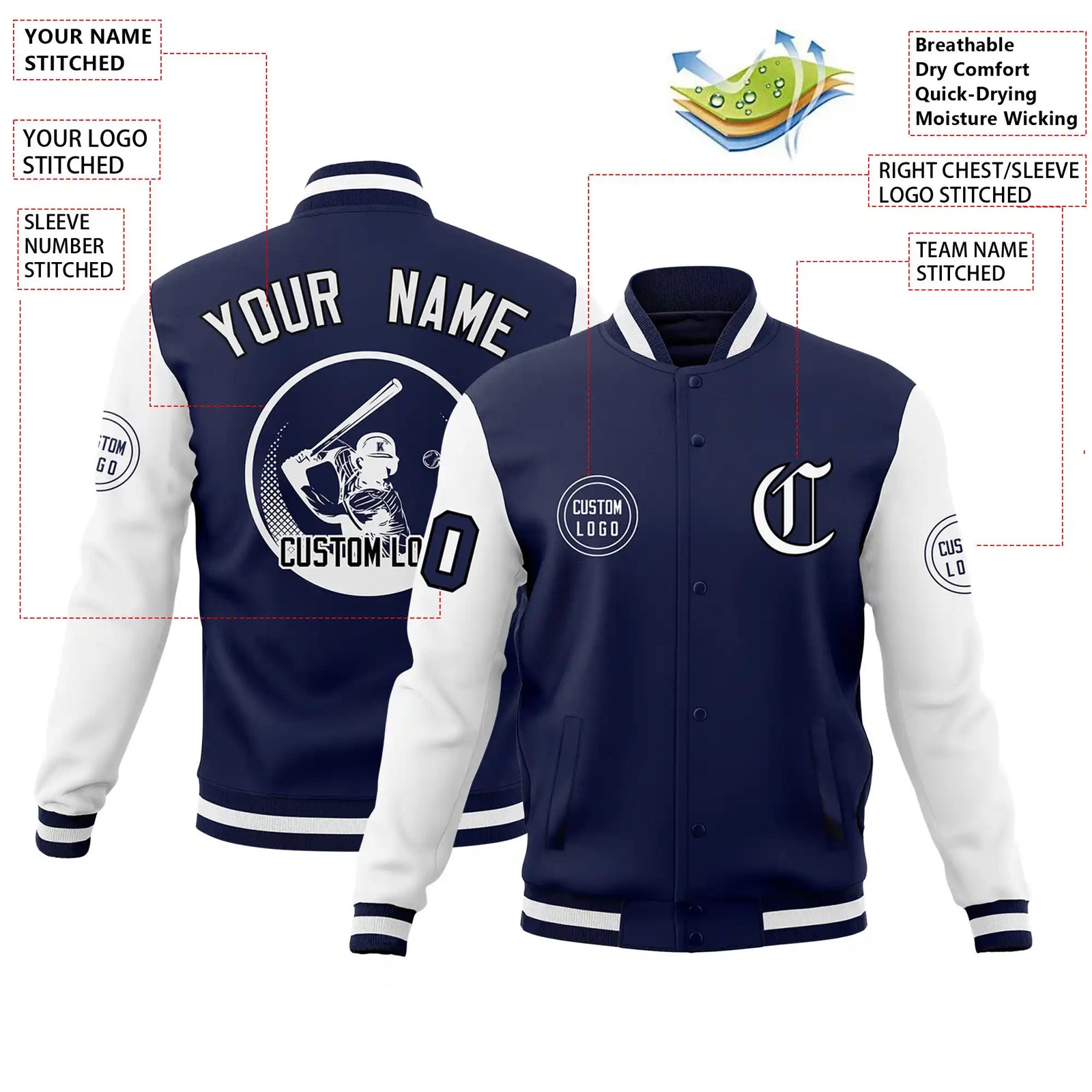Custom Navy White Bomber Full-Snap Varsity Letterman Two Tone Jacket
