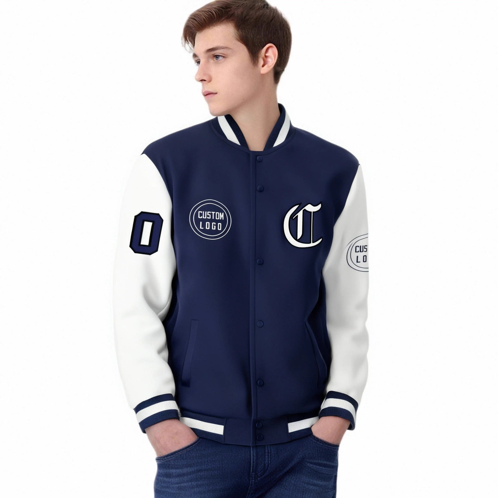 Custom Navy White Bomber Full-Snap Varsity Letterman Two Tone Jacket
