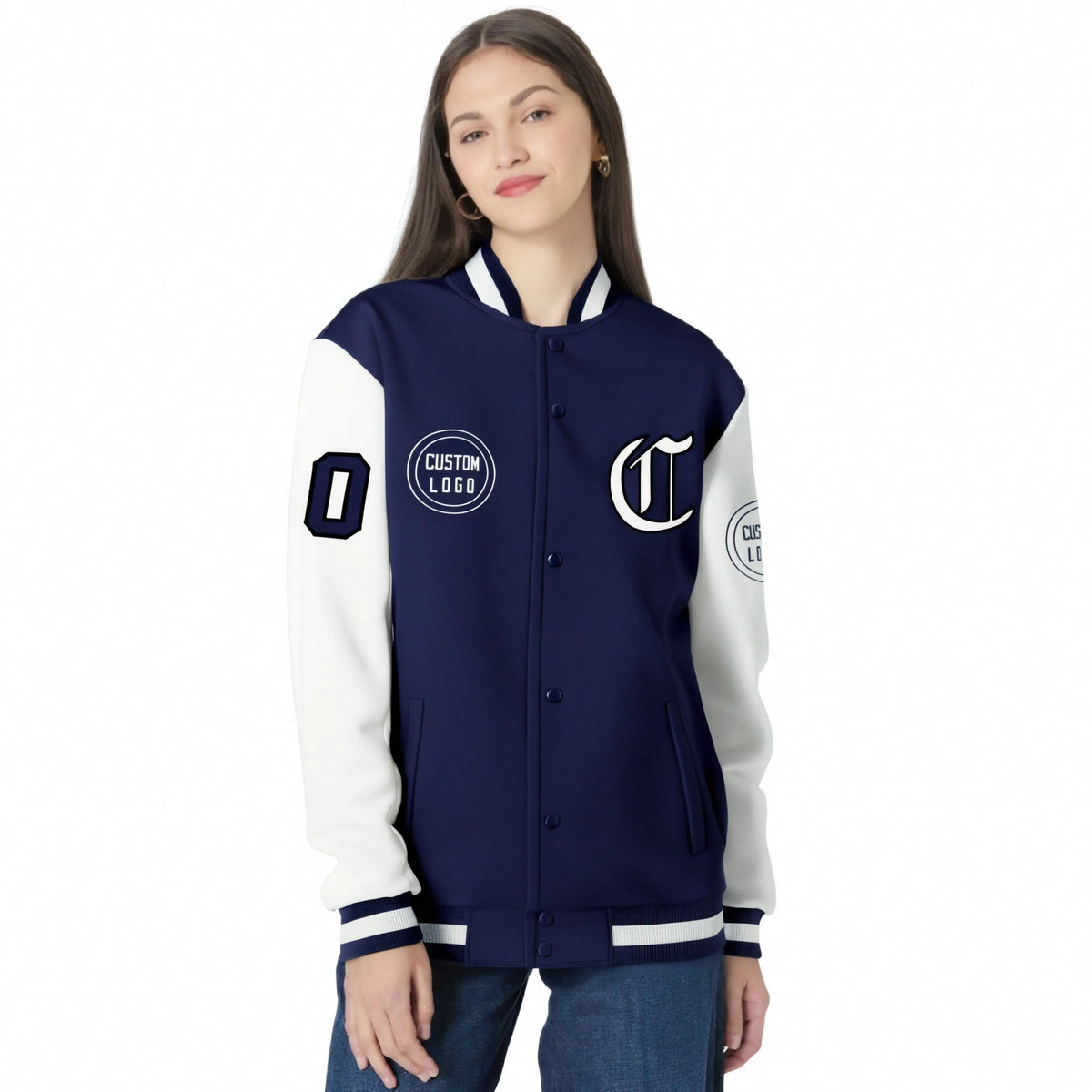 Custom Navy White Bomber Full-Snap Varsity Letterman Two Tone Jacket