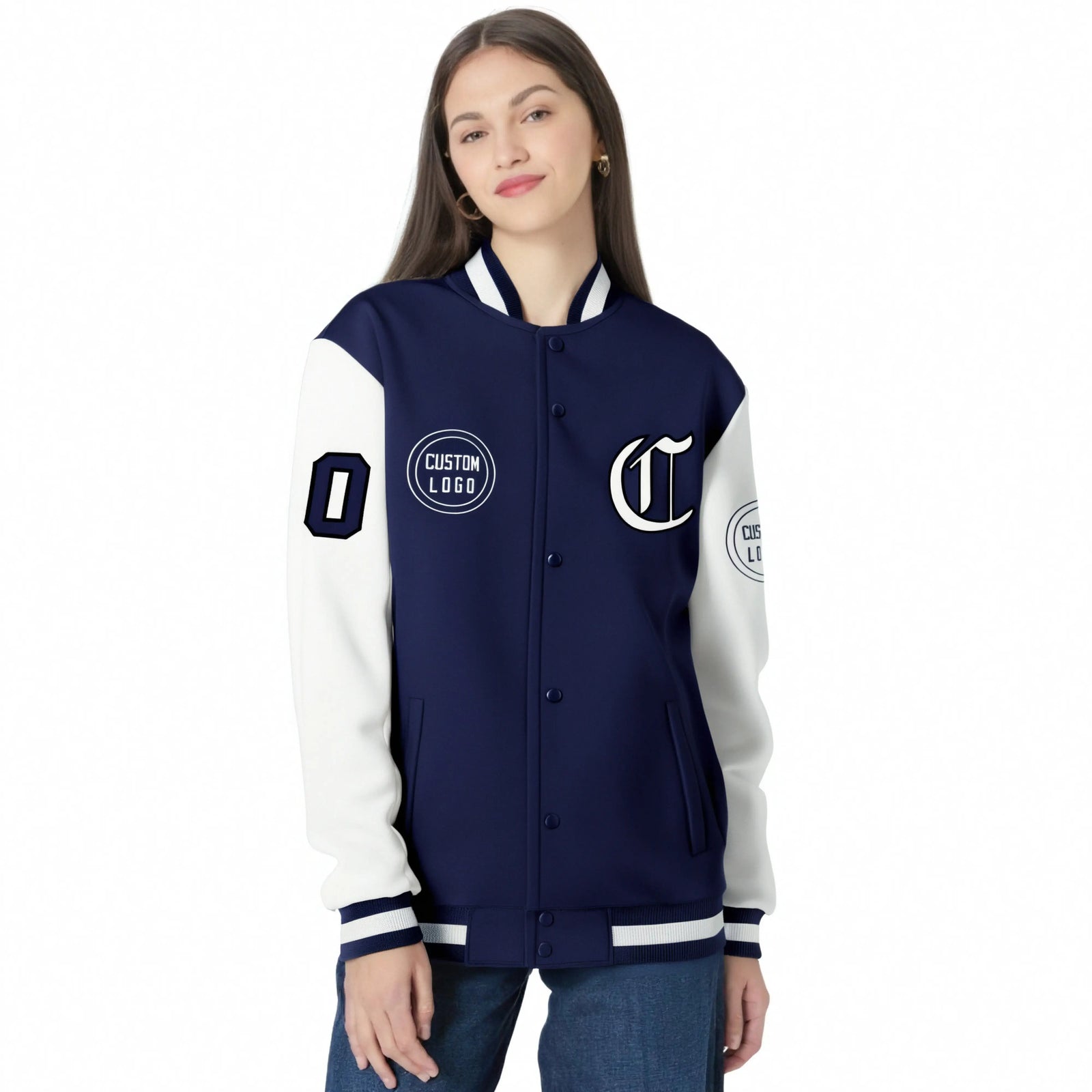 Custom Navy White Bomber Full-Snap Varsity Letterman Two Tone Jacket