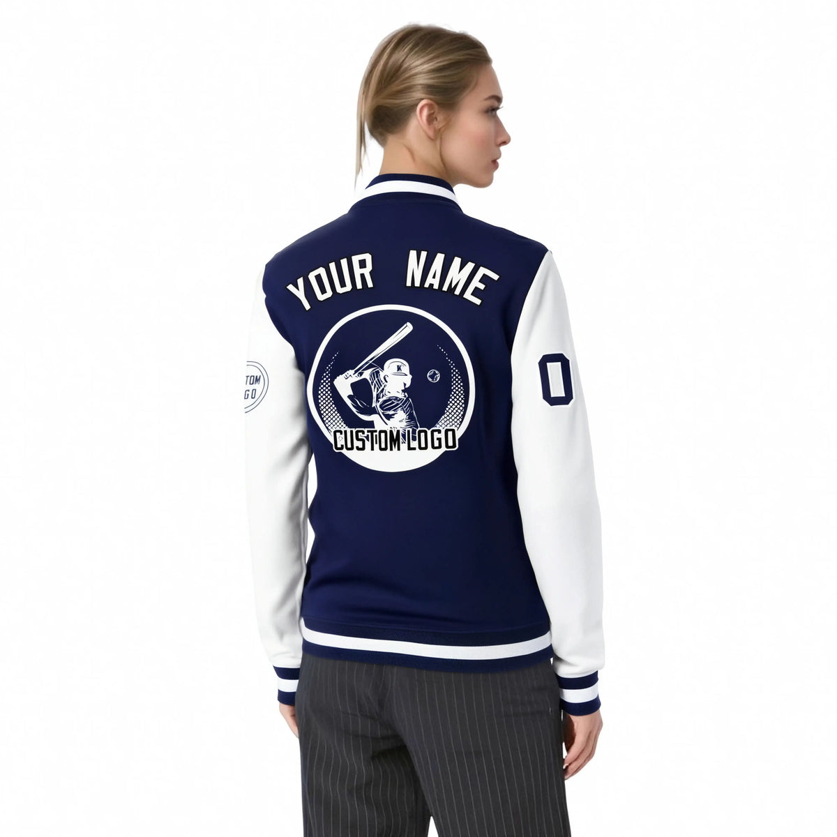 Custom Navy White Bomber Full-Snap Varsity Letterman Two Tone Jacket