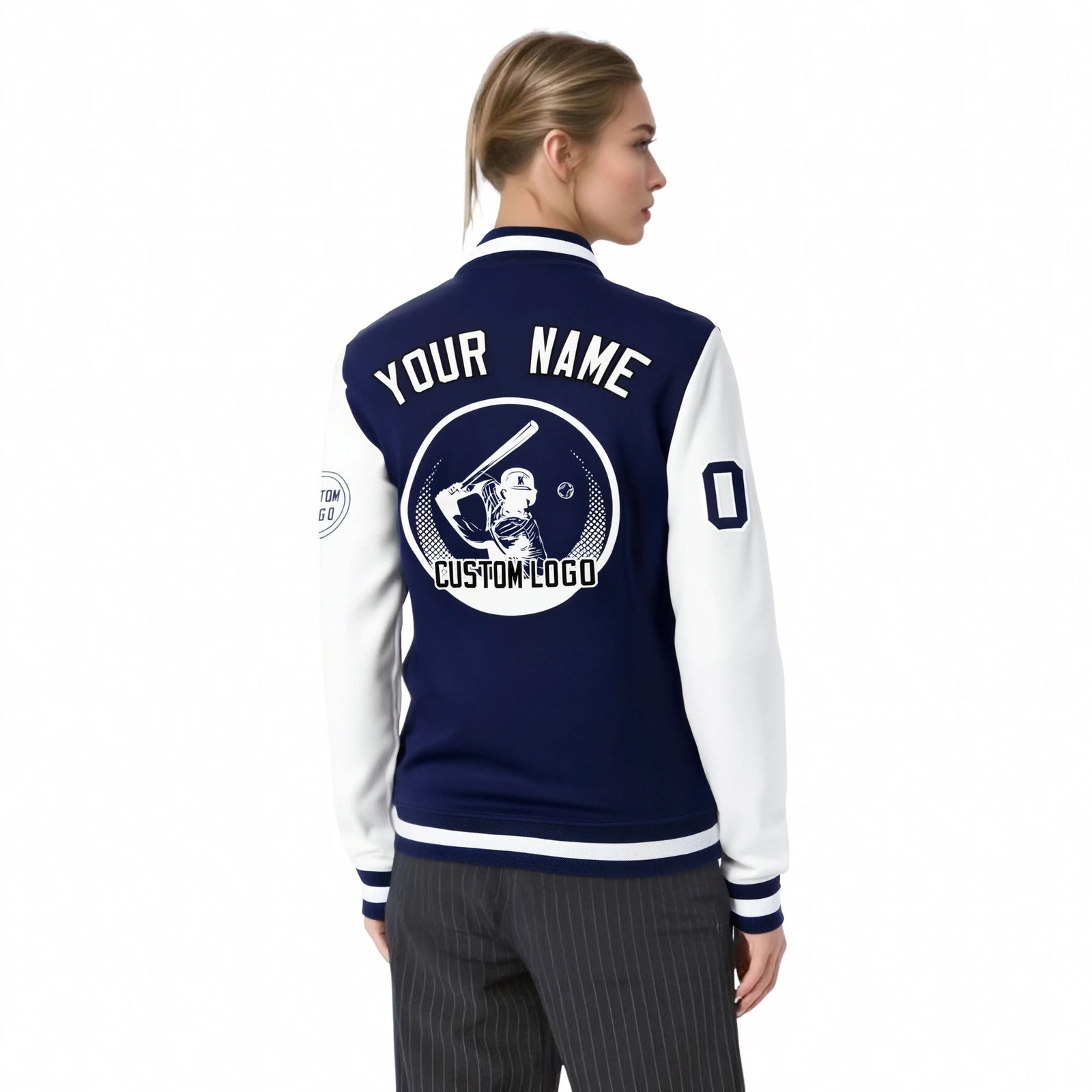 Custom Navy White Bomber Full-Snap Varsity Letterman Two Tone Jacket