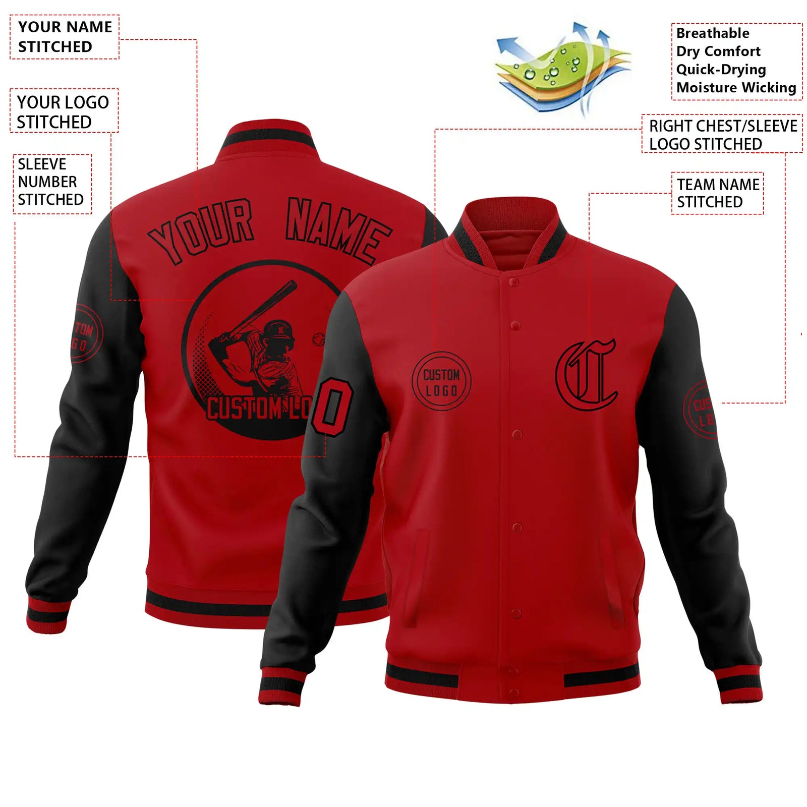Custom Red Black Bomber Full-Snap Varsity Letterman Two Tone Jacket