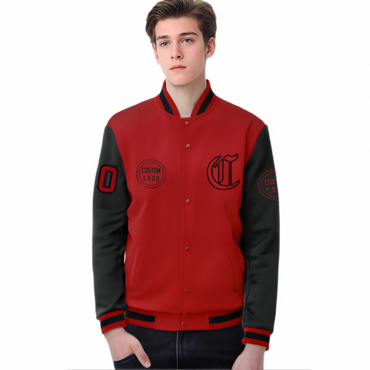 Custom Red Black Bomber Full-Snap Varsity Letterman Two Tone Jacket