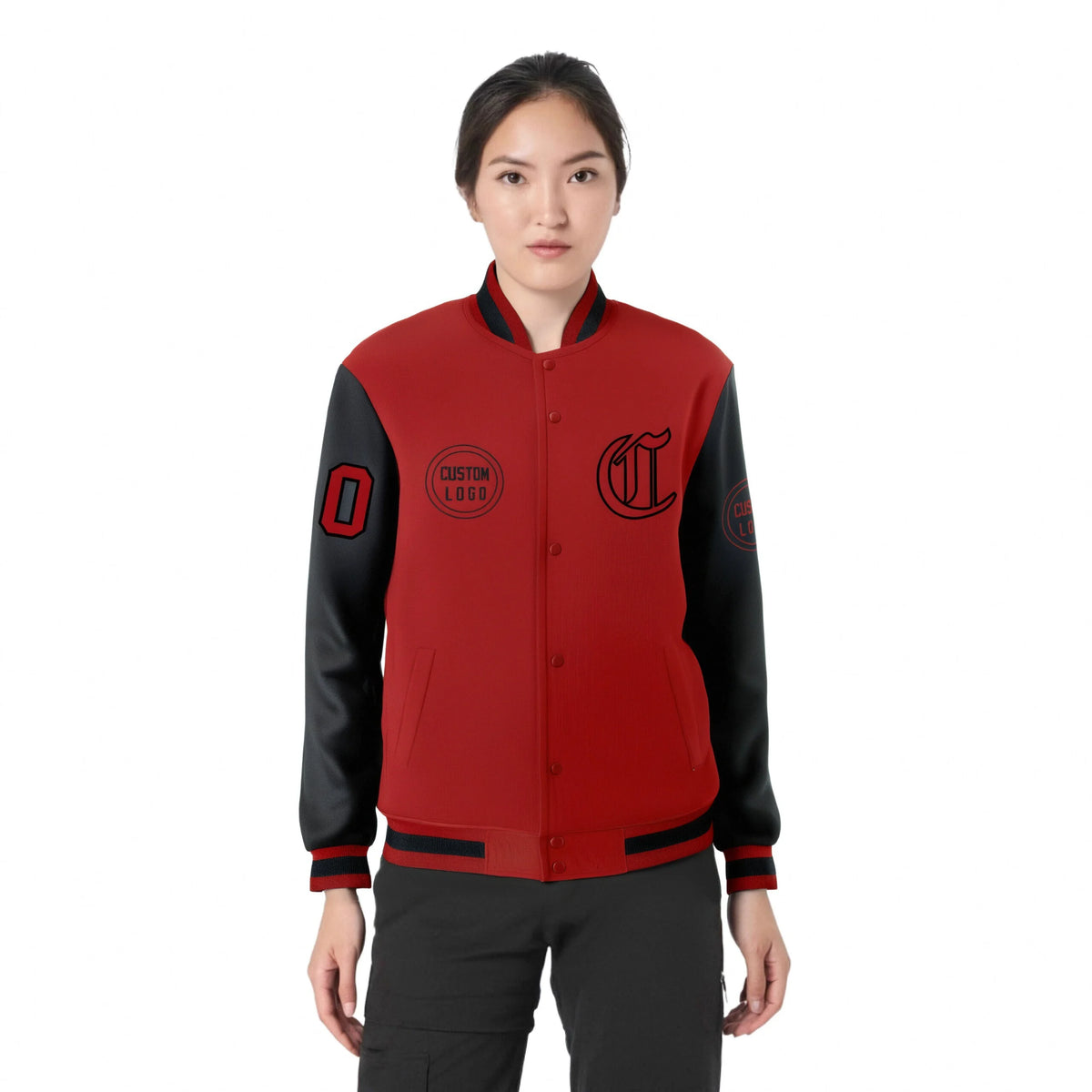 Custom Red Black Bomber Full-Snap Varsity Letterman Two Tone Jacket