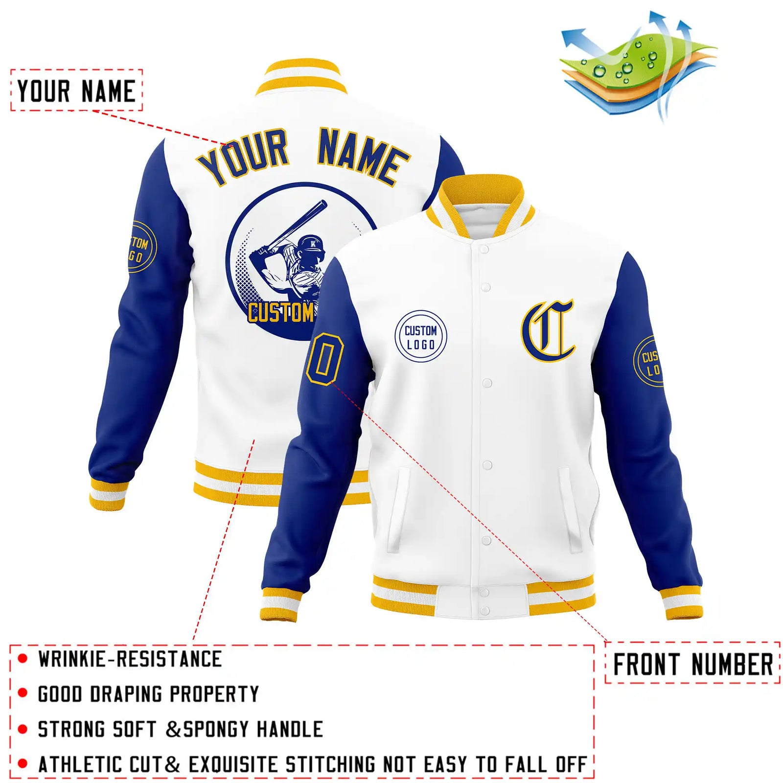 Custom White Royal Blue Bomber Full-Snap Varsity Letterman Two Tone Jacket