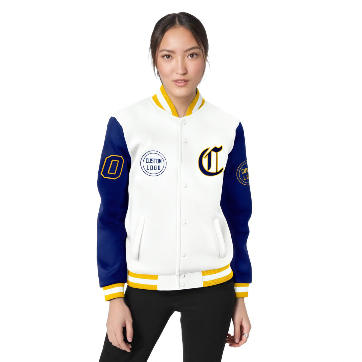 Custom White Royal Blue Bomber Full-Snap Varsity Letterman Two Tone Jacket