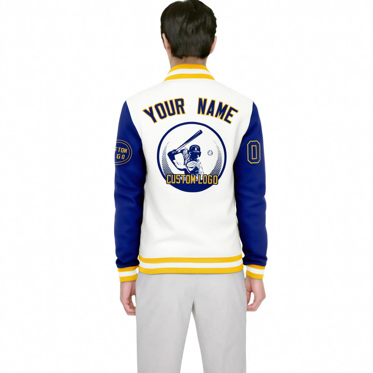 Custom White Royal Blue Bomber Full-Snap Varsity Letterman Two Tone Jacket