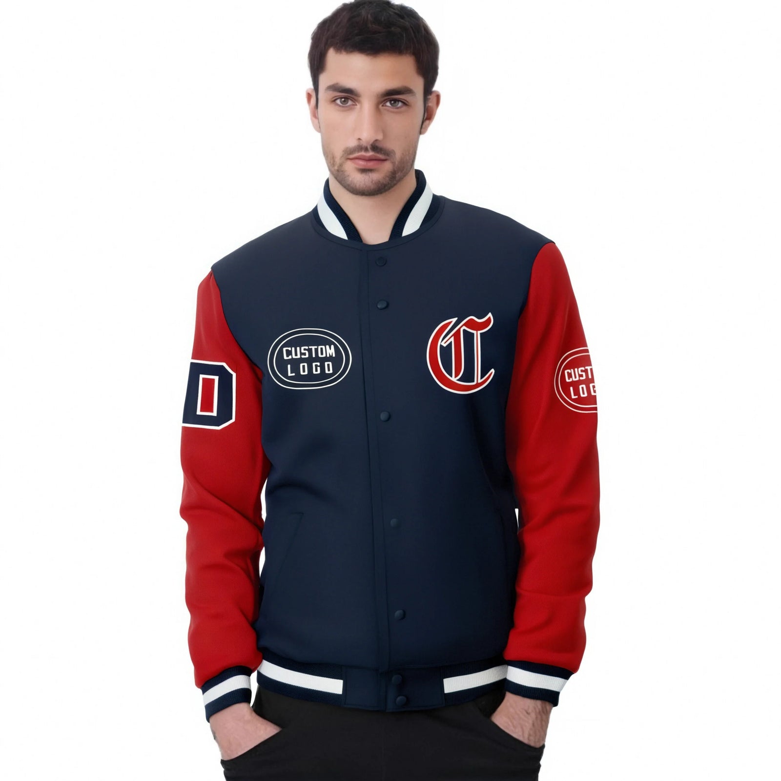 Custom Navy Red Bomber Full-Snap Varsity Letterman Two Tone Jacket