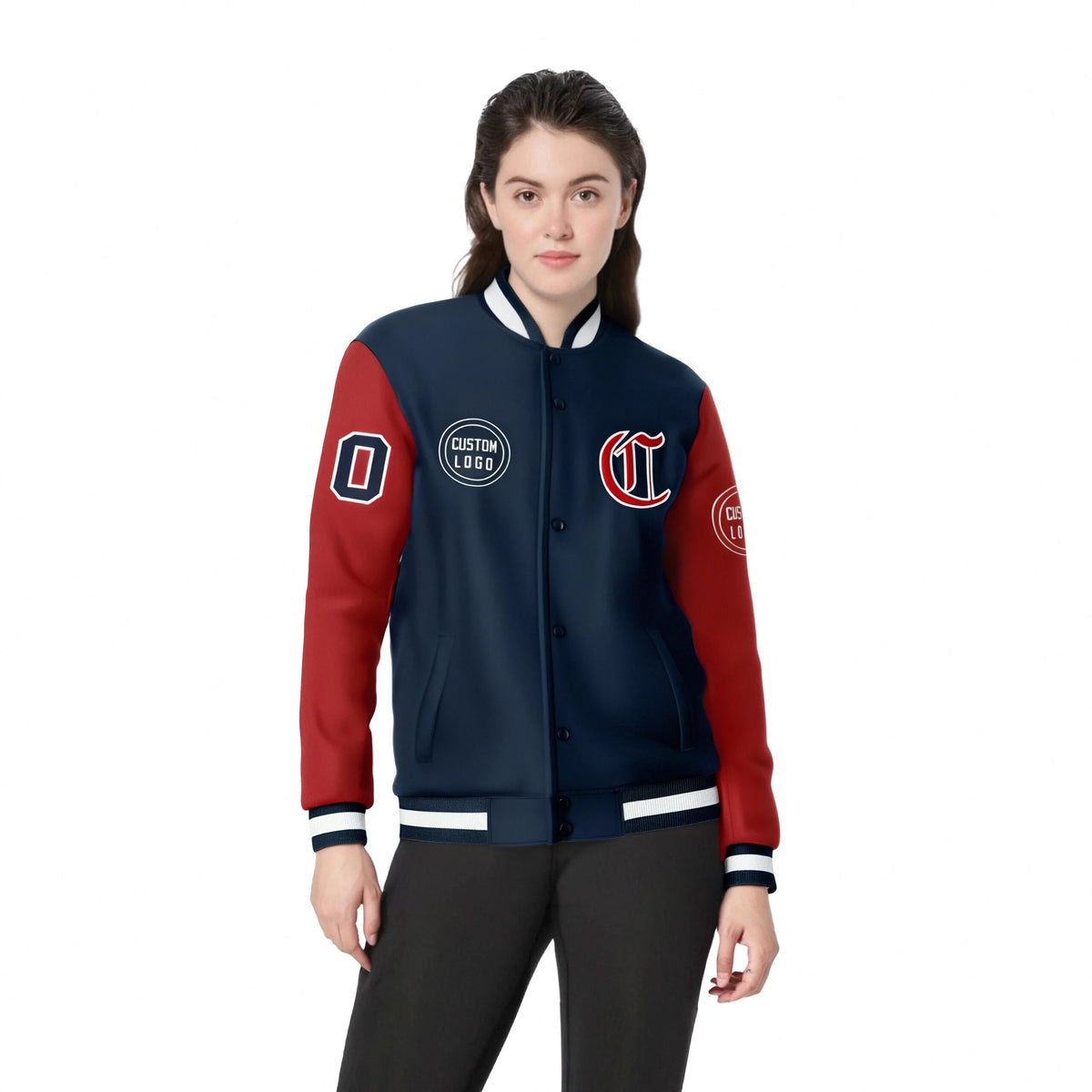 Custom Navy Red Bomber Full-Snap Varsity Letterman Two Tone Jacket