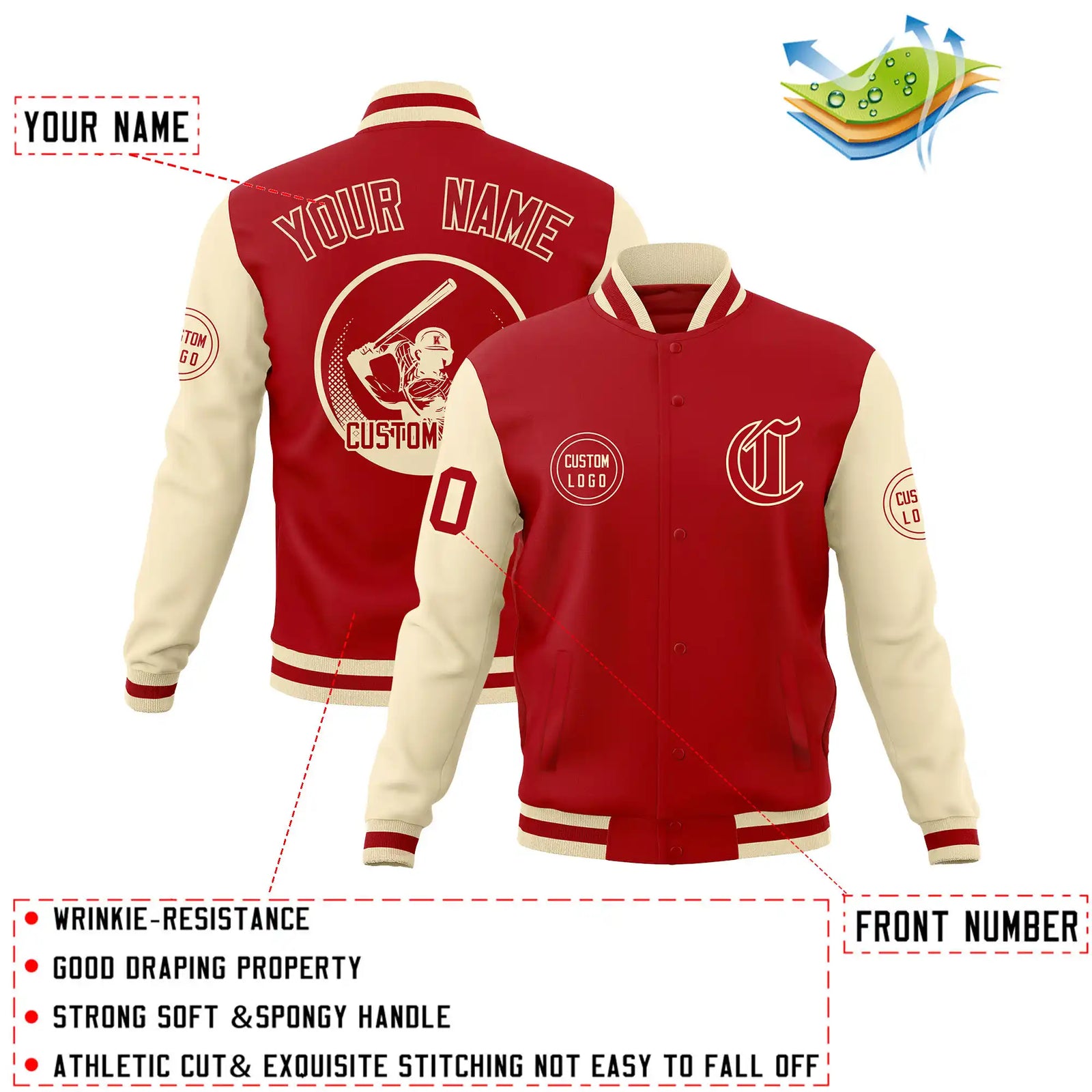 Custom Red Cream Bomber Full-Snap Varsity Letterman Two Tone Jacket