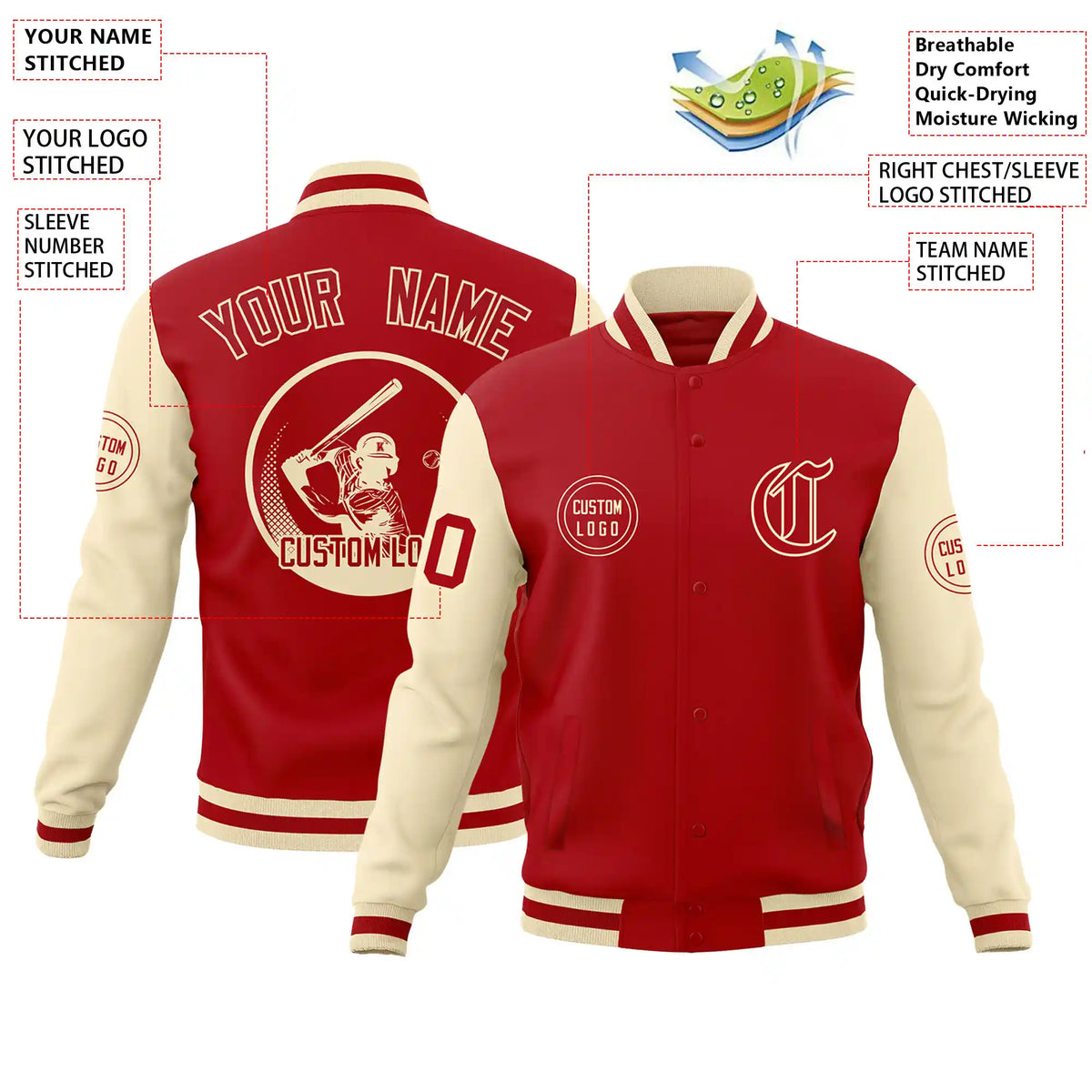 Custom Red Cream Bomber Full-Snap Varsity Letterman Two Tone Jacket