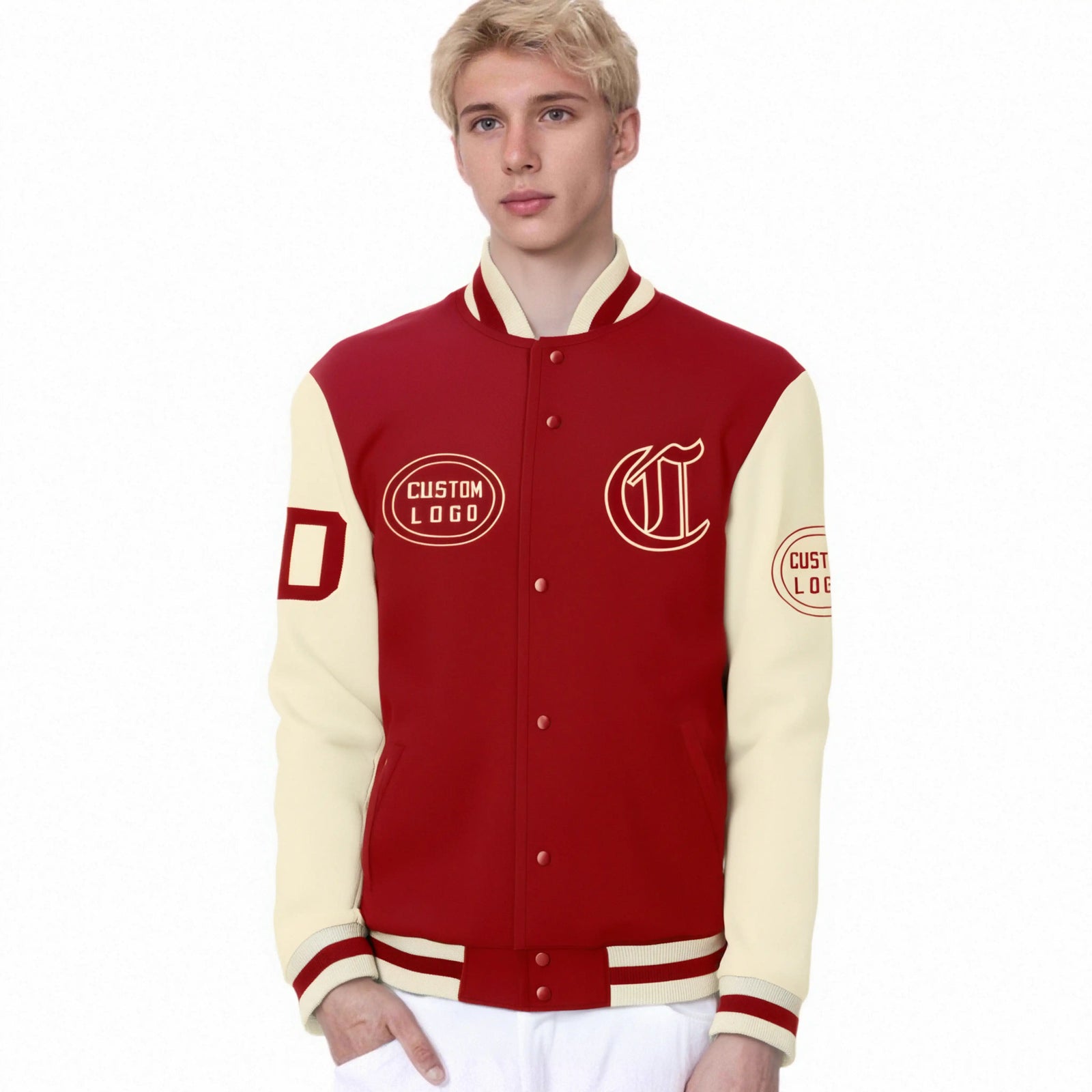 Custom Red Cream Bomber Full-Snap Varsity Letterman Two Tone Jacket