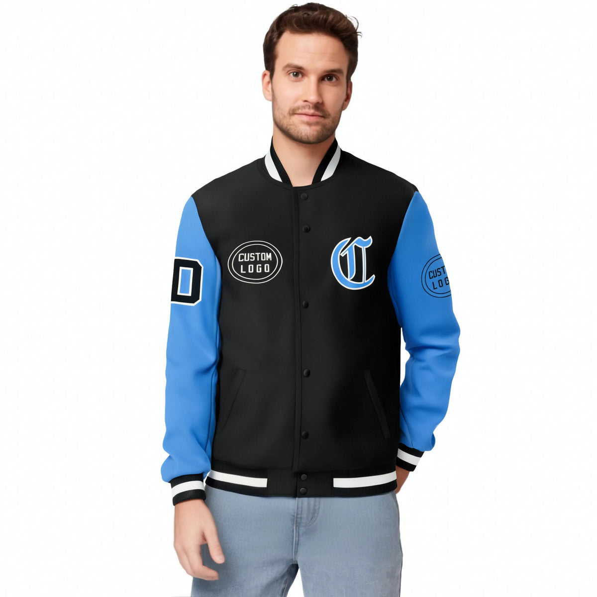 Custom Black Powder Blue Bomber Full-Snap Varsity Letterman Two Tone Jacket