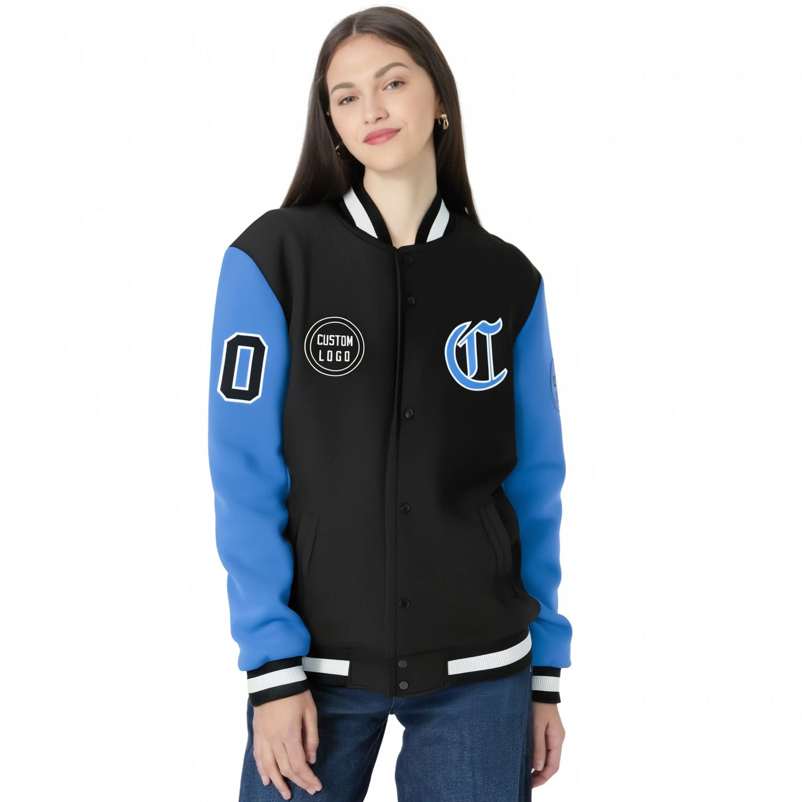 Custom Black Powder Blue Bomber Full-Snap Varsity Letterman Two Tone Jacket