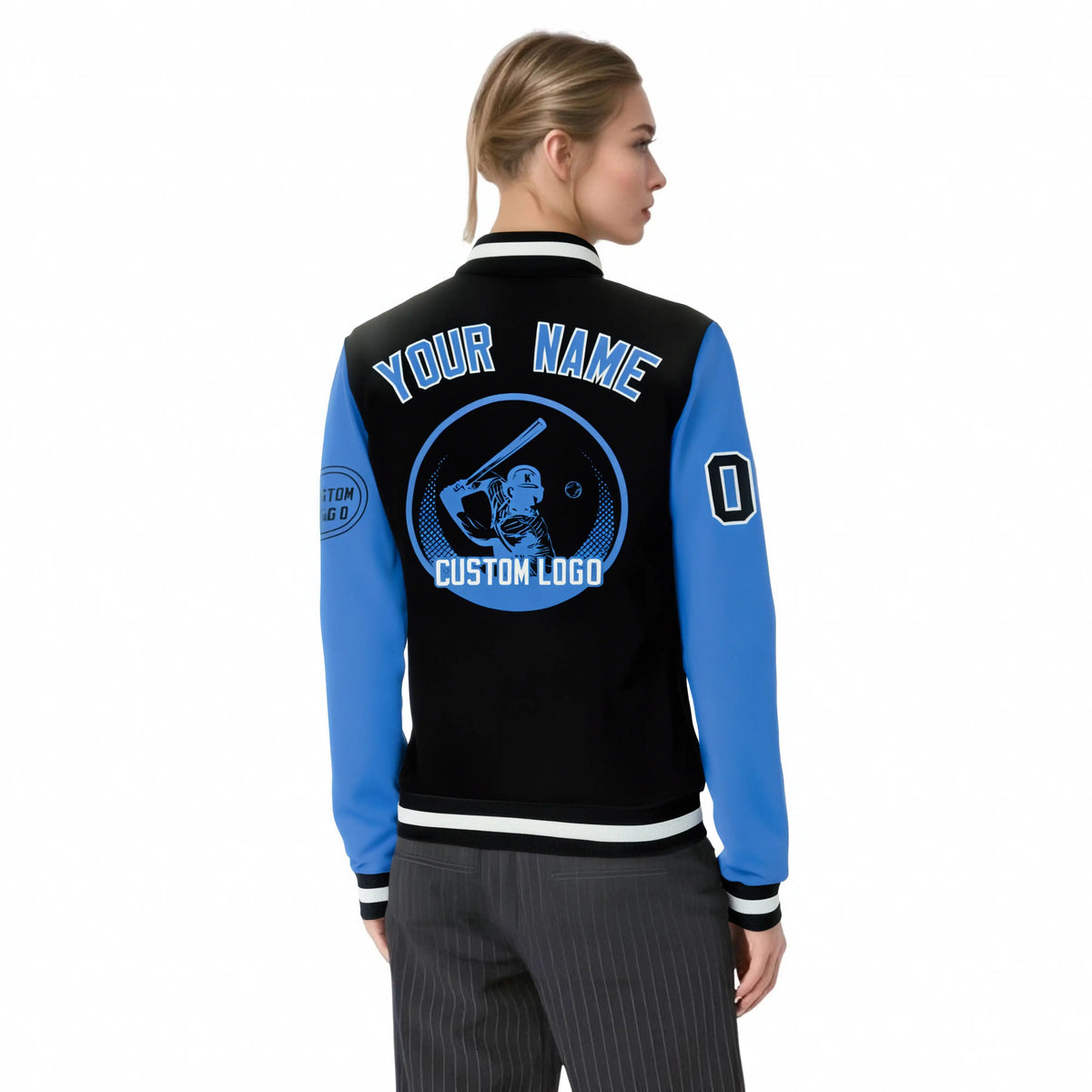 Custom Black Powder Blue Bomber Full-Snap Varsity Letterman Two Tone Jacket