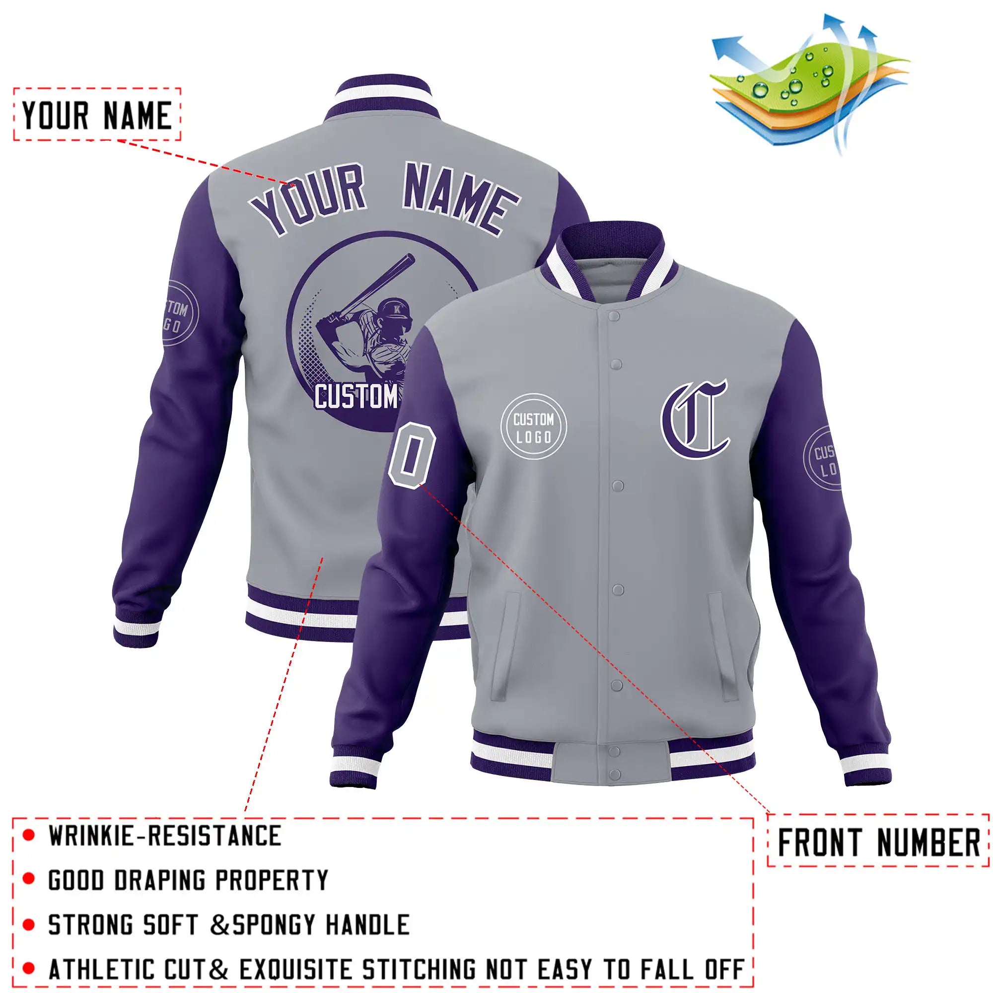Custom Gray Purple Bomber Full-Snap Varsity Letterman Two Tone Jacket
