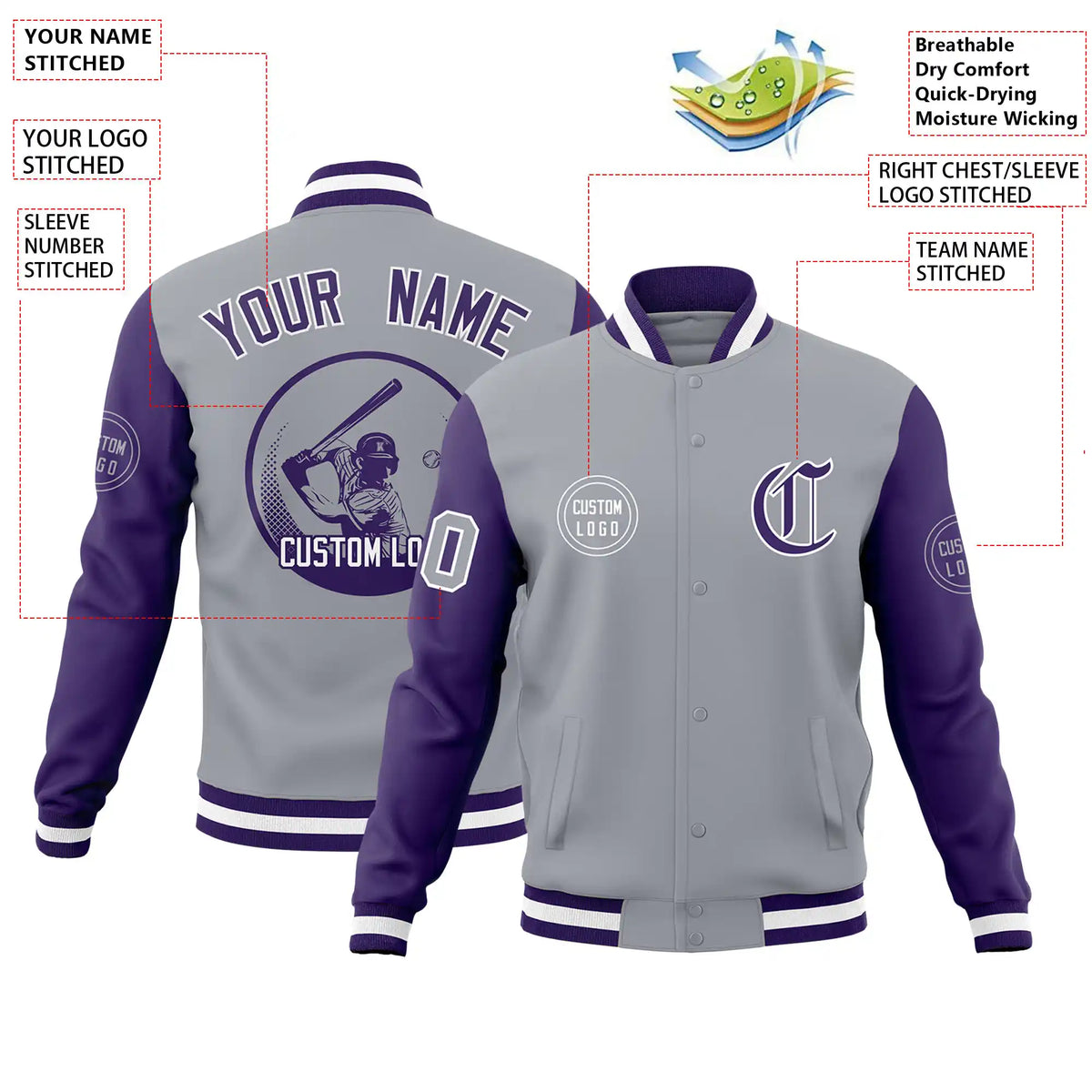 Custom Gray Purple Bomber Full-Snap Varsity Letterman Two Tone Jacket
