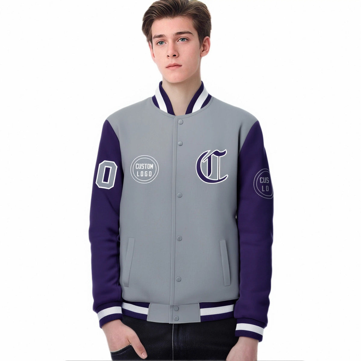 Custom Gray Purple Bomber Full-Snap Varsity Letterman Two Tone Jacket