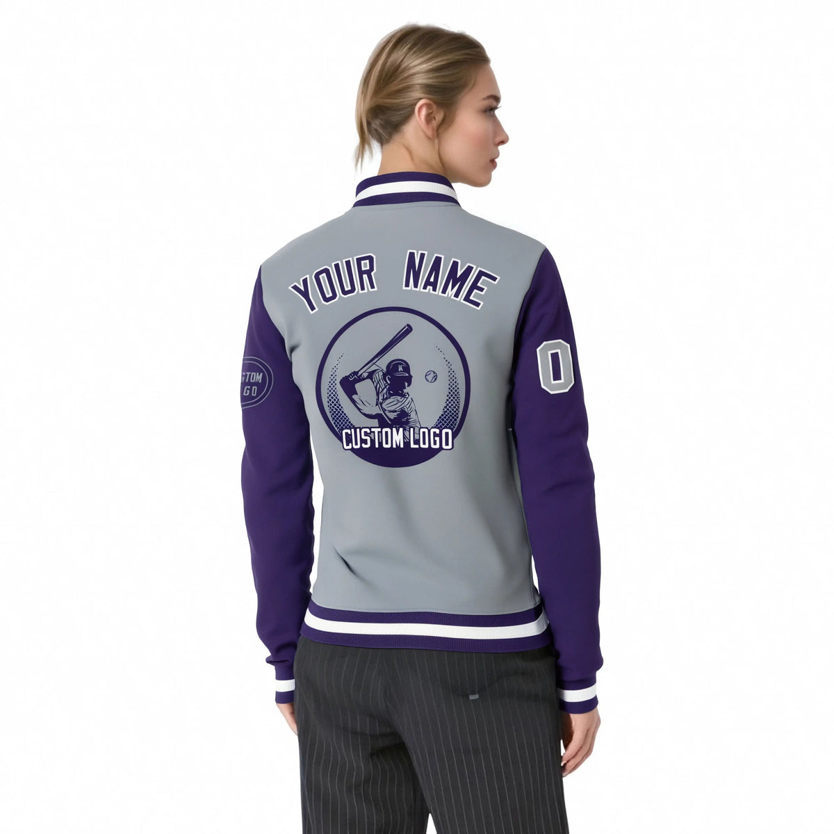 Custom Gray Purple Bomber Full-Snap Varsity Letterman Two Tone Jacket