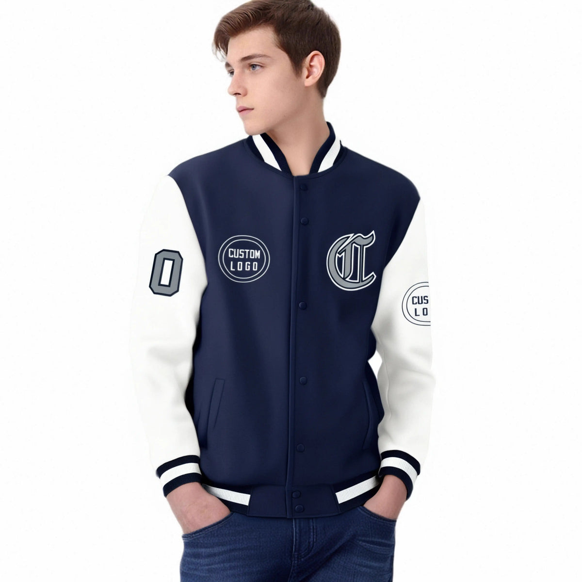 Custom Navy White Bomber Full-Snap Varsity Letterman Two Tone Jacket