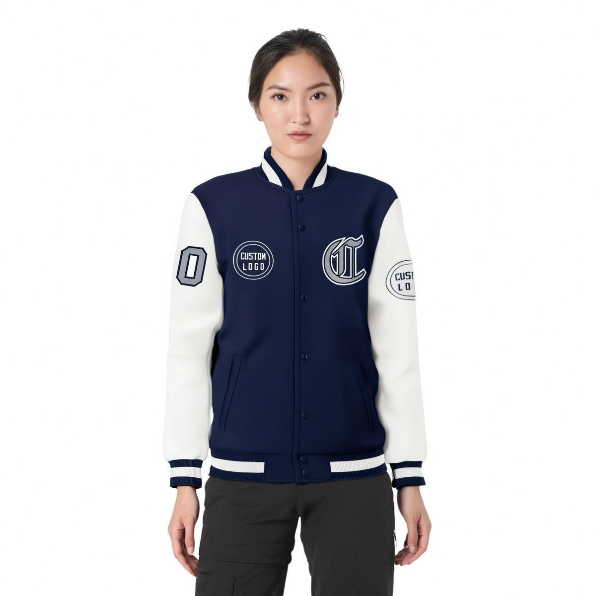 Custom Navy White Bomber Full-Snap Varsity Letterman Two Tone Jacket