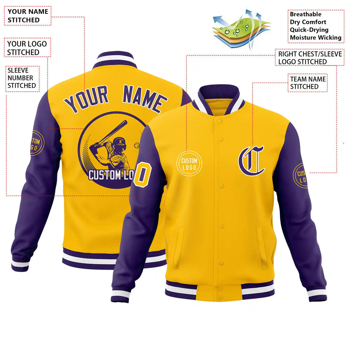 Custom Gold-1 Purple Bomber Full-Snap Varsity Letterman Two Tone Jacket