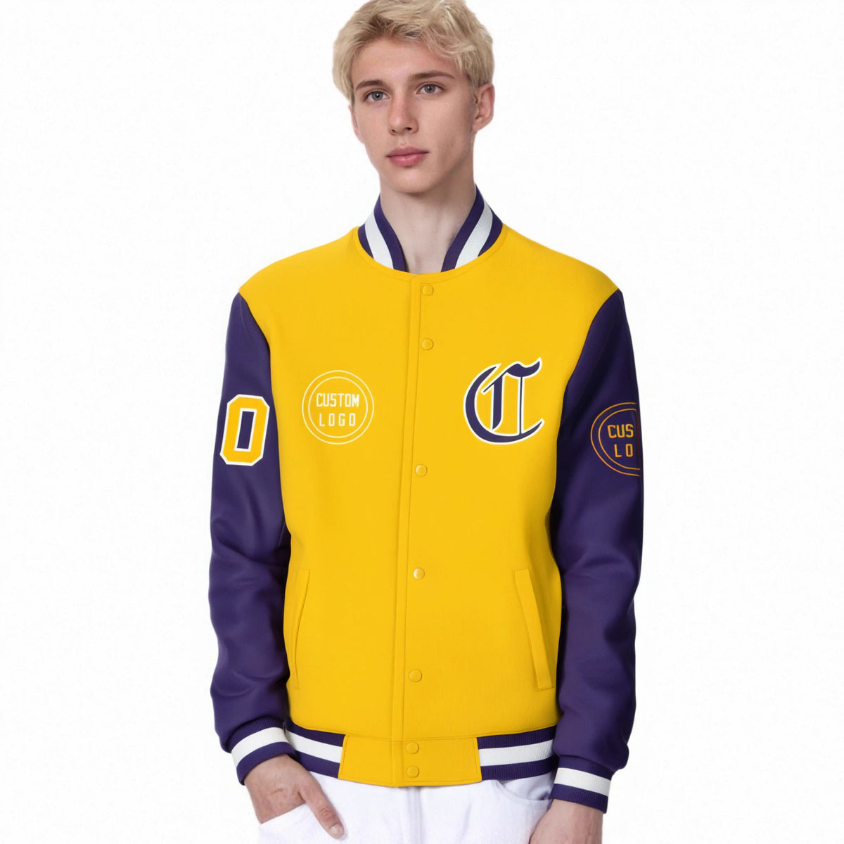 Custom Gold-1 Purple Bomber Full-Snap Varsity Letterman Two Tone Jacket