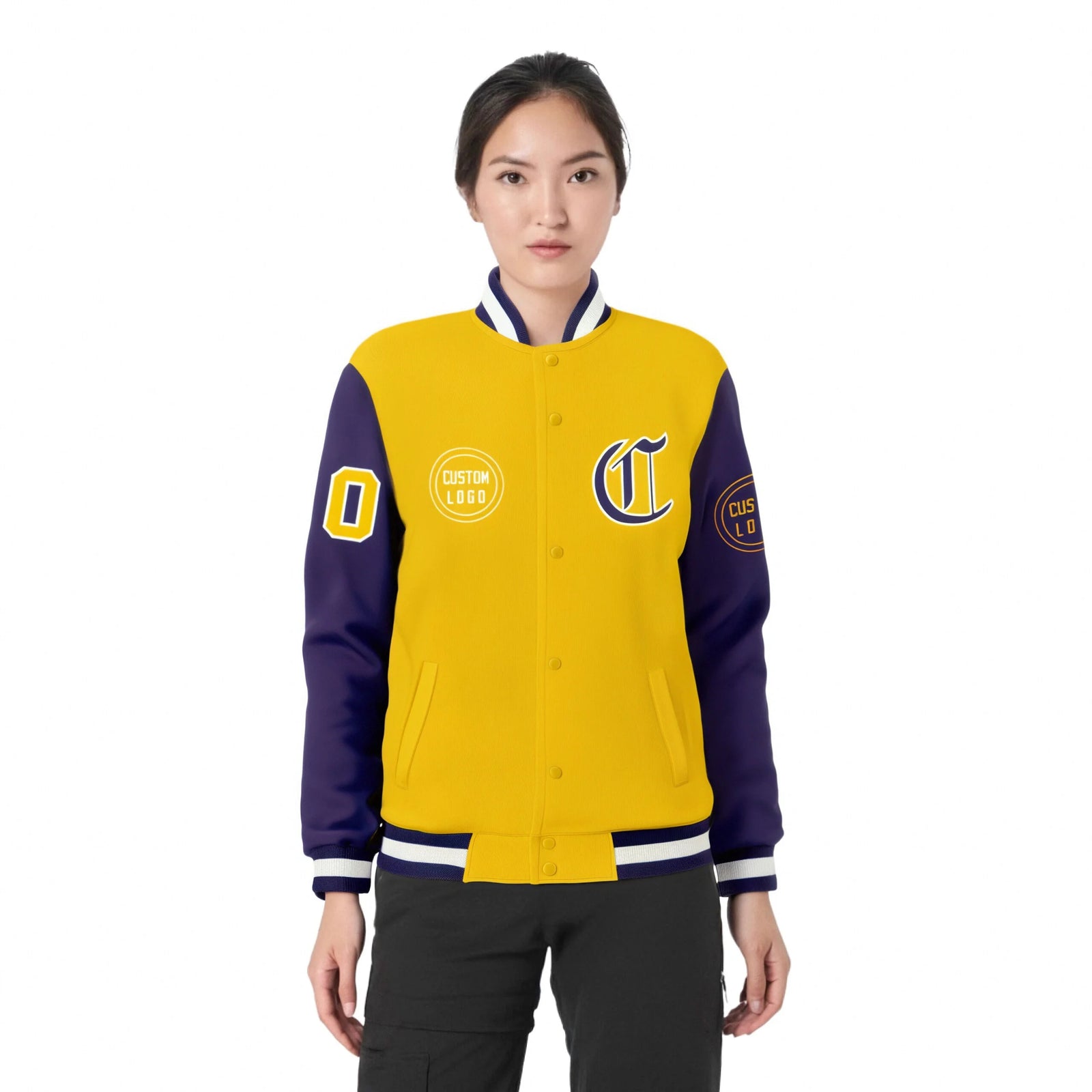 Custom Gold-1 Purple Bomber Full-Snap Varsity Letterman Two Tone Jacket