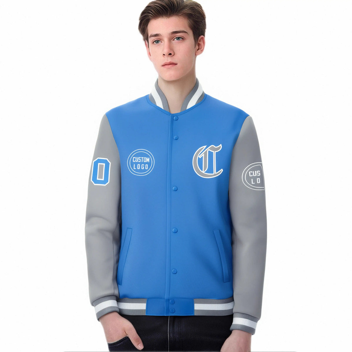 Custom Light Blue Gray Bomber Full-Snap Varsity Letterman Two Tone Jacket