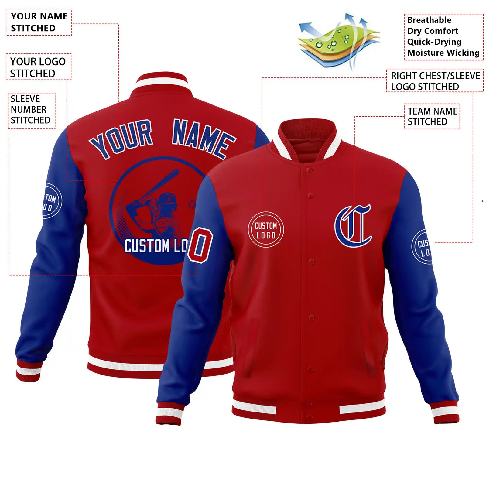 Custom Red Royal Blue Bomber Full-Snap Varsity Letterman Two Tone Jacket