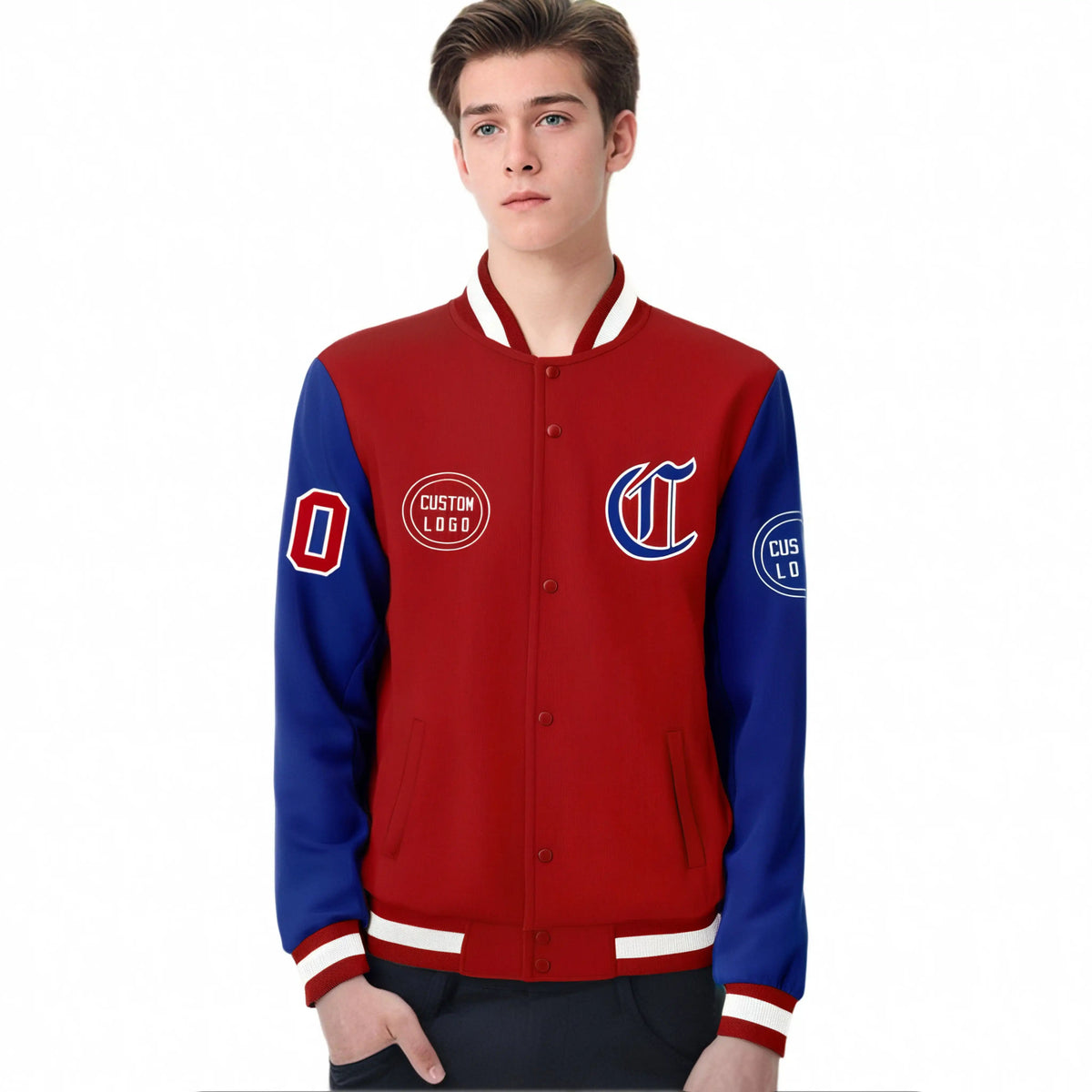 Custom Red Royal Blue Bomber Full-Snap Varsity Letterman Two Tone Jacket