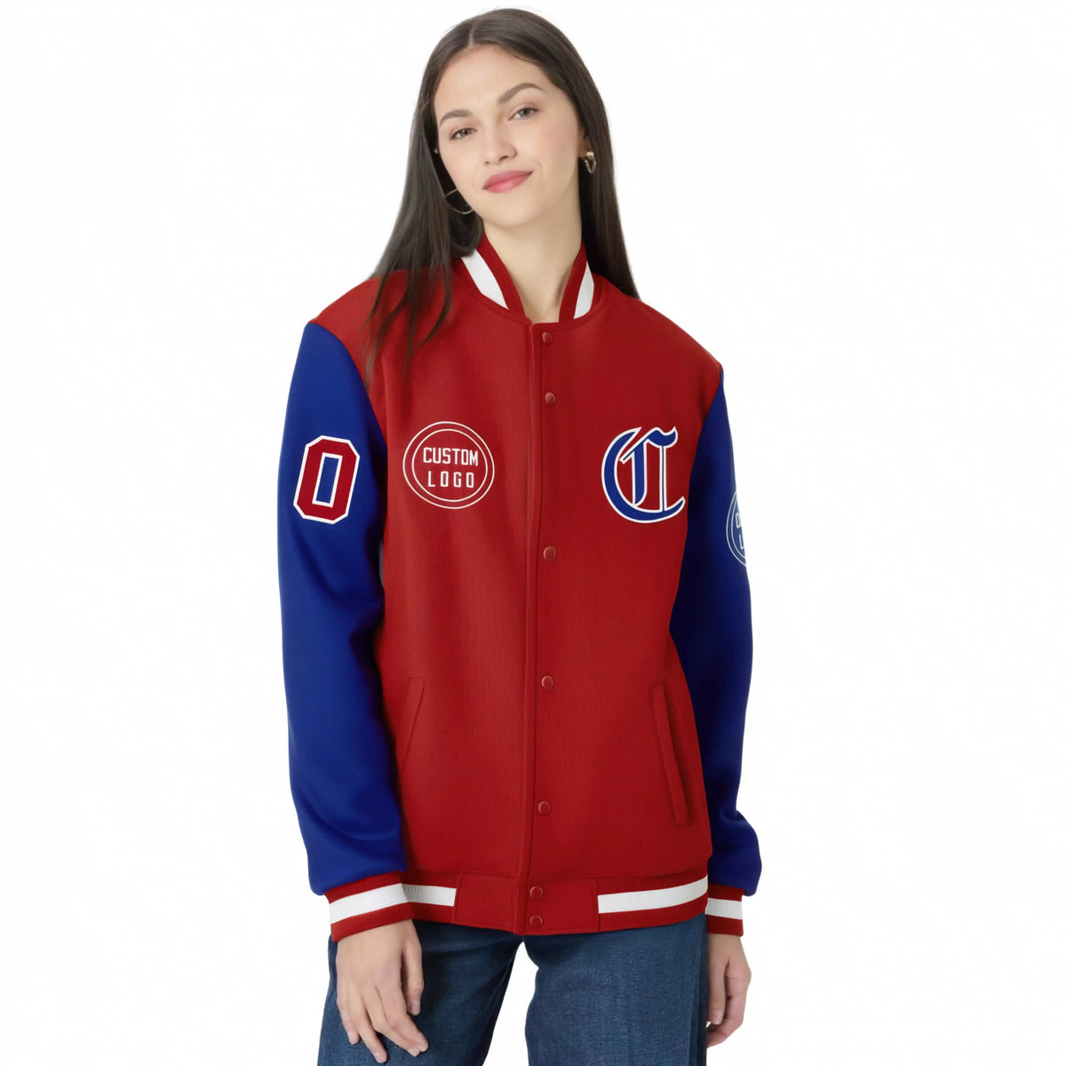 Custom Red Royal Blue Bomber Full-Snap Varsity Letterman Two Tone Jacket
