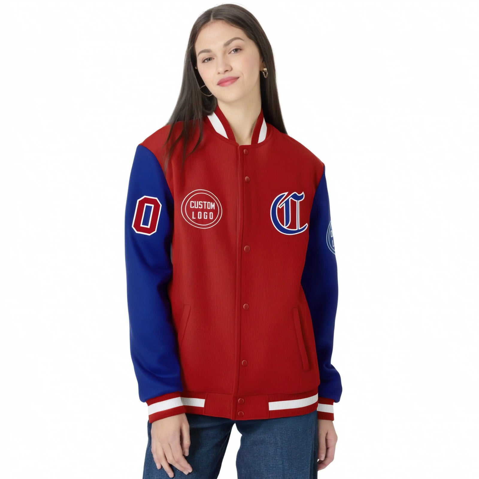 Custom Red Royal Blue Bomber Full-Snap Varsity Letterman Two Tone Jacket