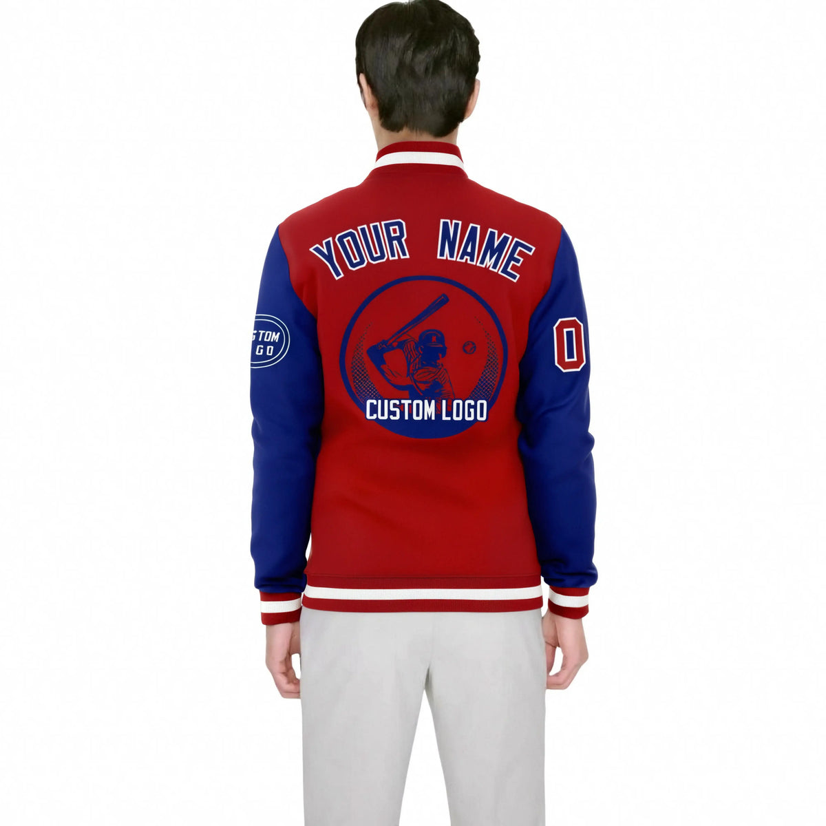 Custom Red Royal Blue Bomber Full-Snap Varsity Letterman Two Tone Jacket